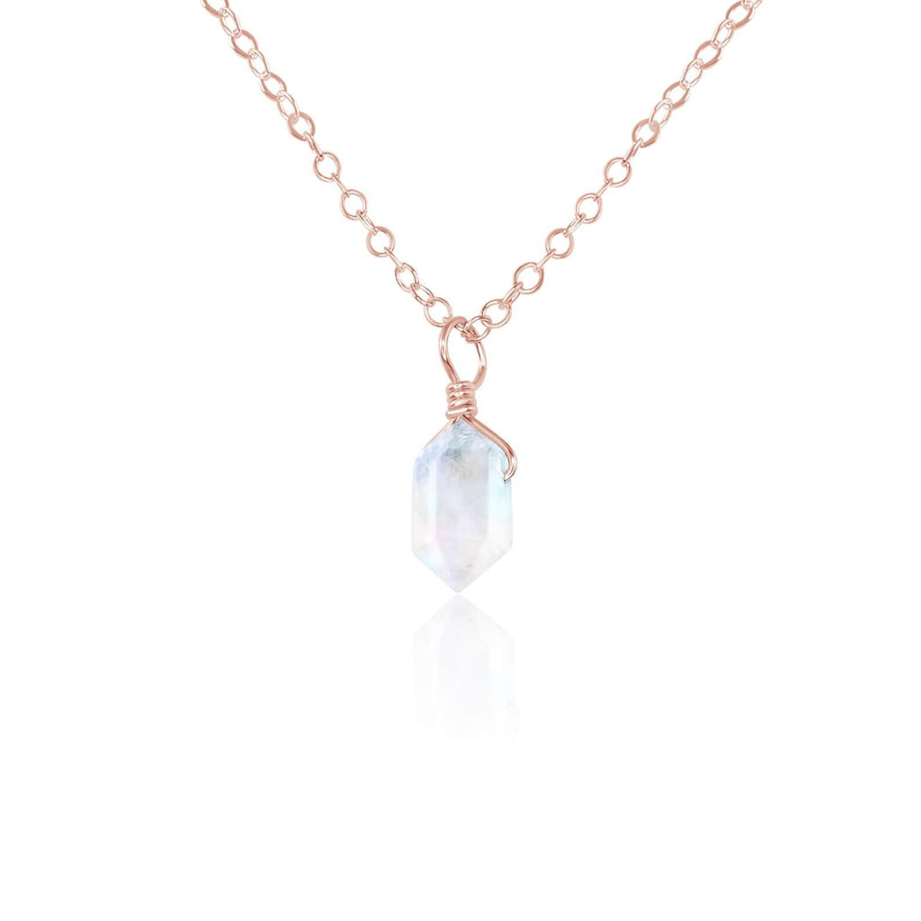 Mini Double Terminated Rainbow Moonstone Crystal Point Pendant Necklace - Mini Double Terminated Rainbow Moonstone Crystal Point Pendant Necklace - 14k Rose Gold Fill / Cable - Luna Tide Handmade Crystal Jewellery