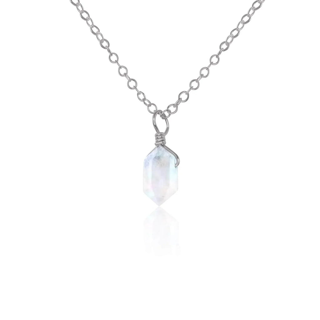 Mini Double Terminated Rainbow Moonstone Crystal Point Pendant Necklace - Mini Double Terminated Rainbow Moonstone Crystal Point Pendant Necklace - Stainless Steel / Cable - Luna Tide Handmade Crystal Jewellery