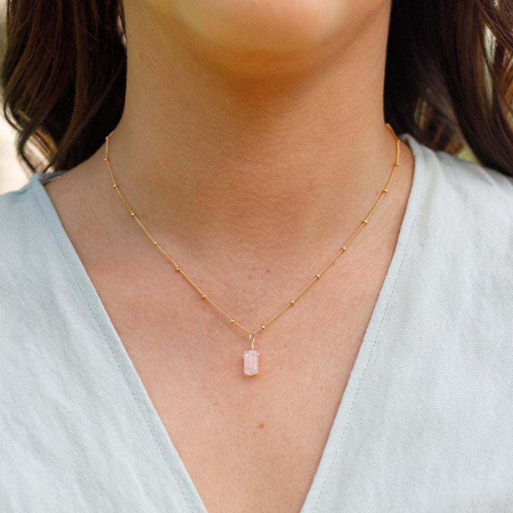 Mini Double Terminated Rose Quartz Crystal Point Pendant Necklace - Mini Double Terminated Rose Quartz Crystal Point Pendant Necklace - 14k Gold Fill / Satellite - Luna Tide Handmade Crystal Jewellery