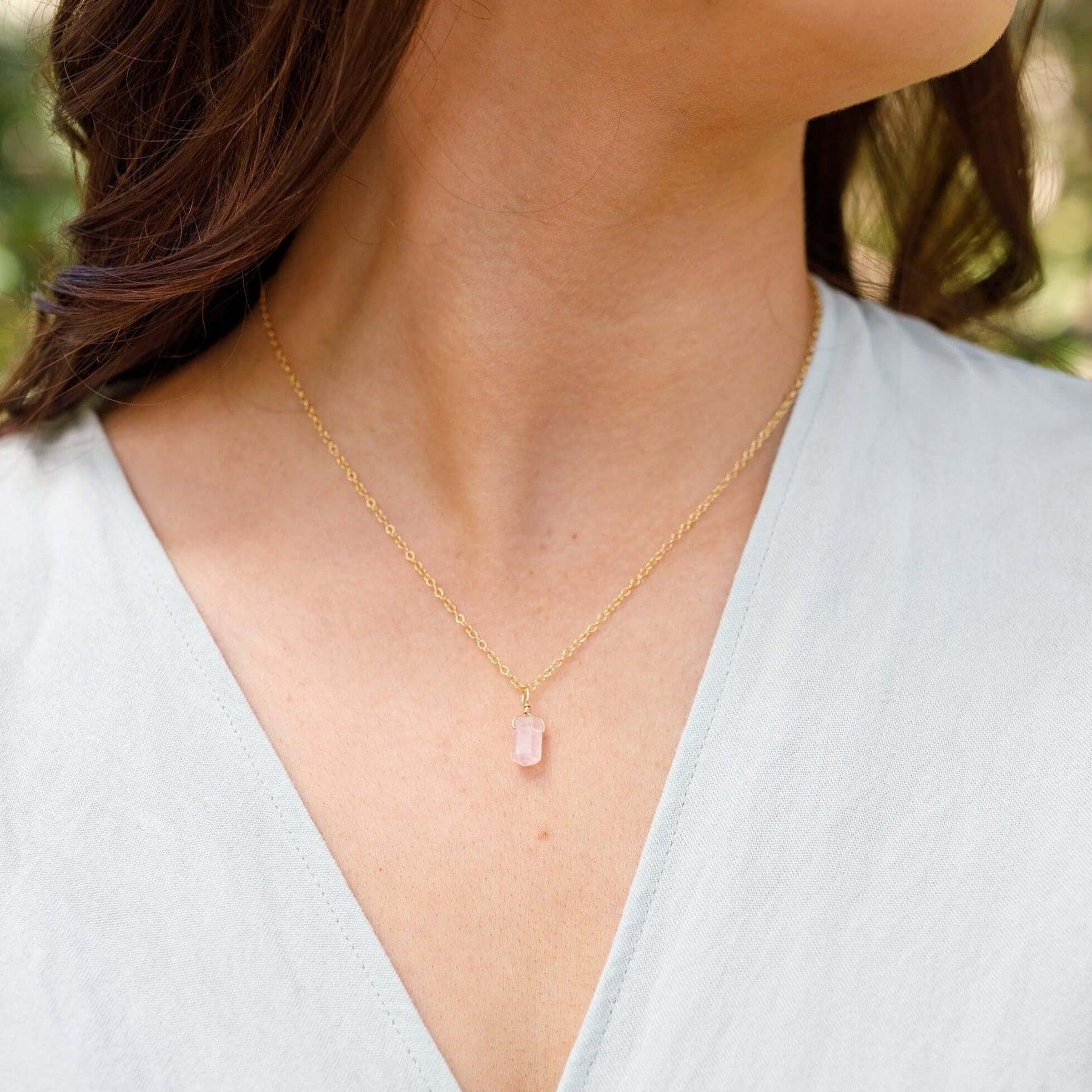 Mini Double Terminated Rose Quartz Crystal Point Pendant Necklace - Mini Double Terminated Rose Quartz Crystal Point Pendant Necklace - 14k Gold Fill / Satellite - Luna Tide Handmade Crystal Jewellery