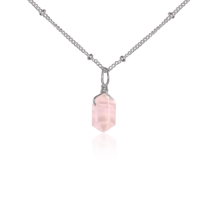 Mini Double Terminated Rose Quartz Crystal Point Pendant Necklace - Mini Double Terminated Rose Quartz Crystal Point Pendant Necklace - Stainless Steel / Satellite - Luna Tide Handmade Crystal Jewellery