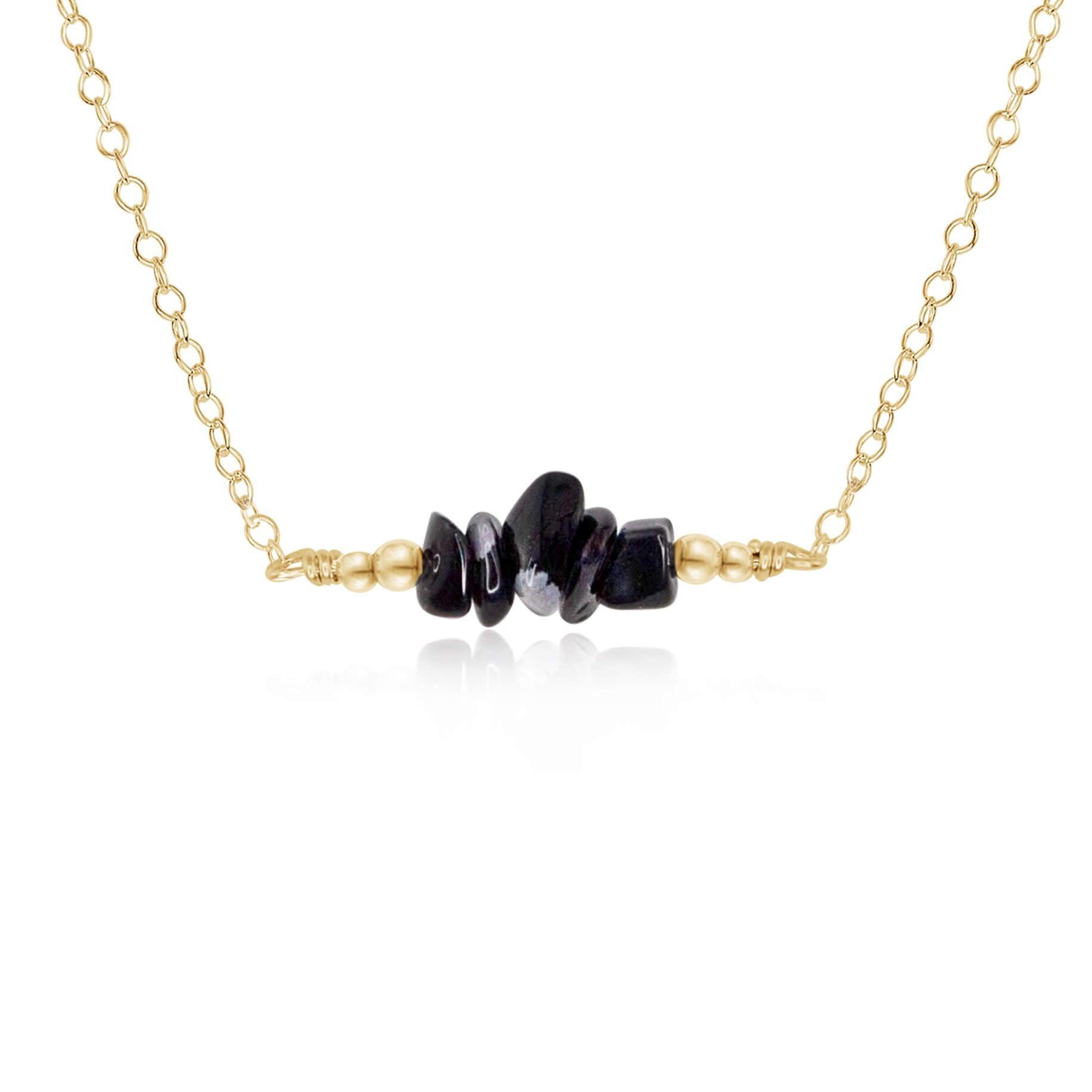 Obsidian Chip Bead Bar Necklace - Obsidian Chip Bead Bar Necklace - 14k Gold Fill - Luna Tide Handmade Crystal Jewellery