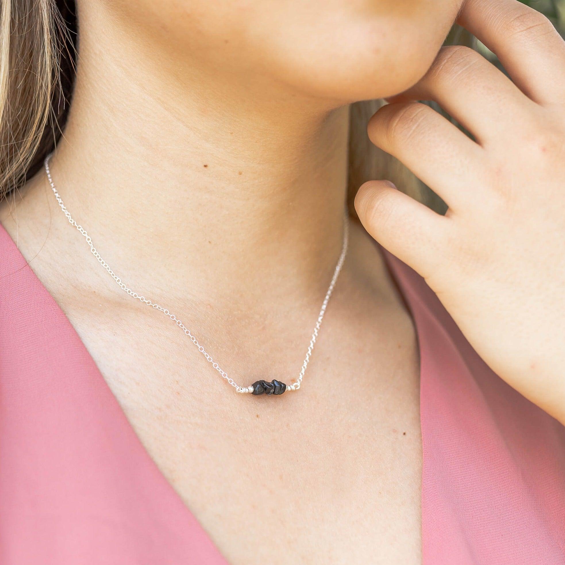 Obsidian Chip Bead Bar Necklace - Obsidian Chip Bead Bar Necklace - Sterling Silver - Luna Tide Handmade Crystal Jewellery