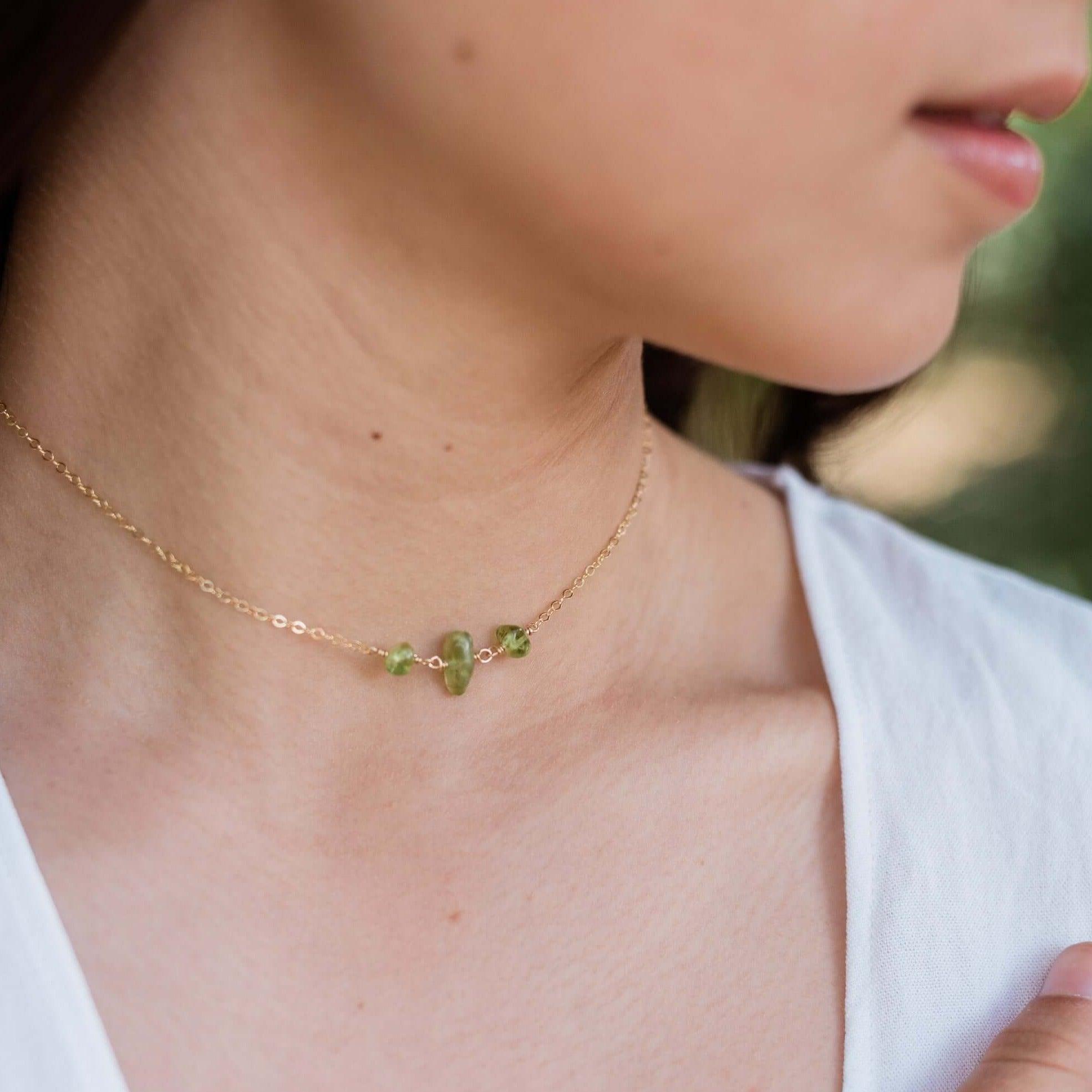 Peridot Beaded Chain Choker Necklace - Peridot Beaded Chain Choker Necklace - Sterling Silver - Luna Tide Handmade Crystal Jewellery