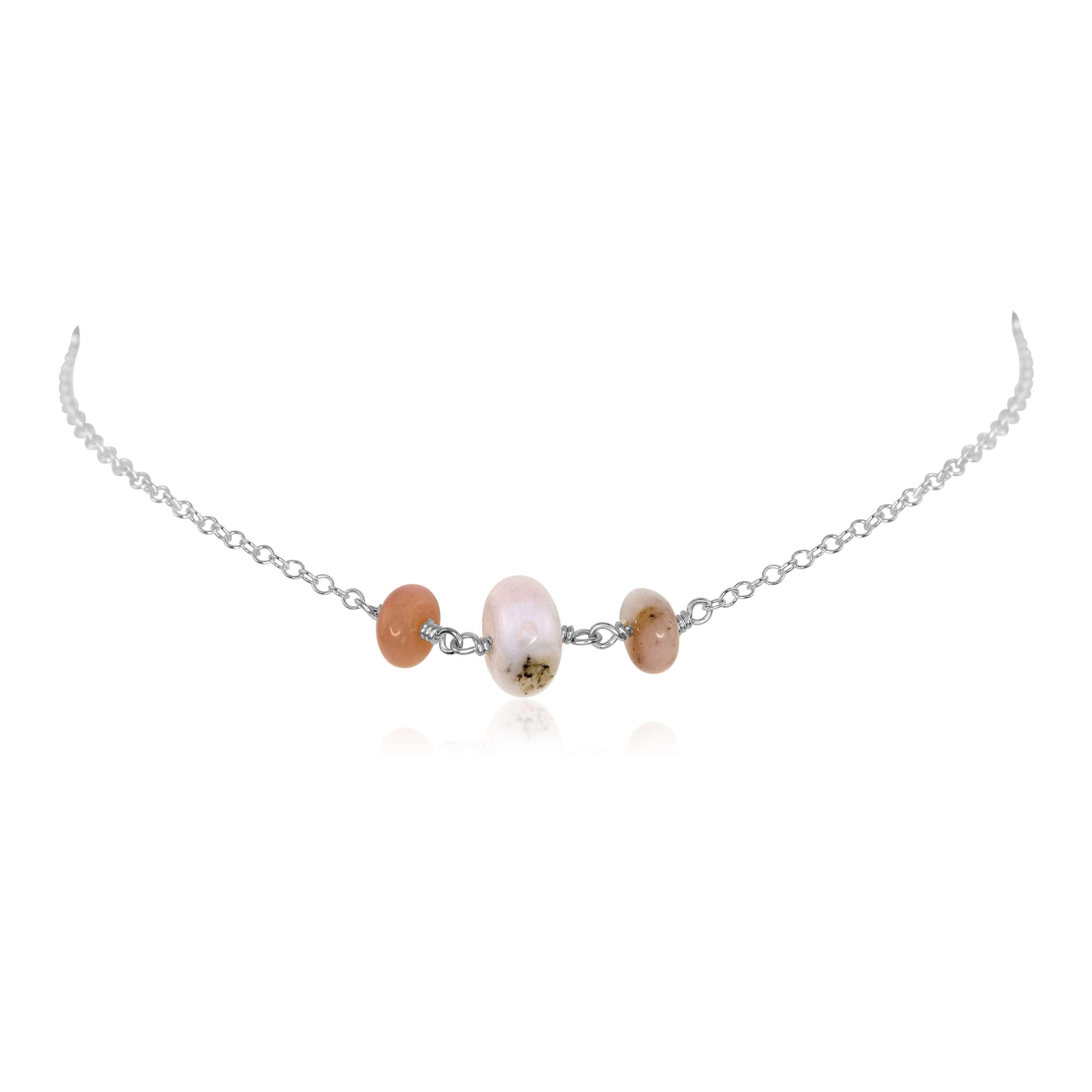 Pink Peruvian Opal Beaded Chain Choker Necklace - Pink Peruvian Opal Beaded Chain Choker Necklace - Sterling Silver - Luna Tide Handmade Crystal Jewellery