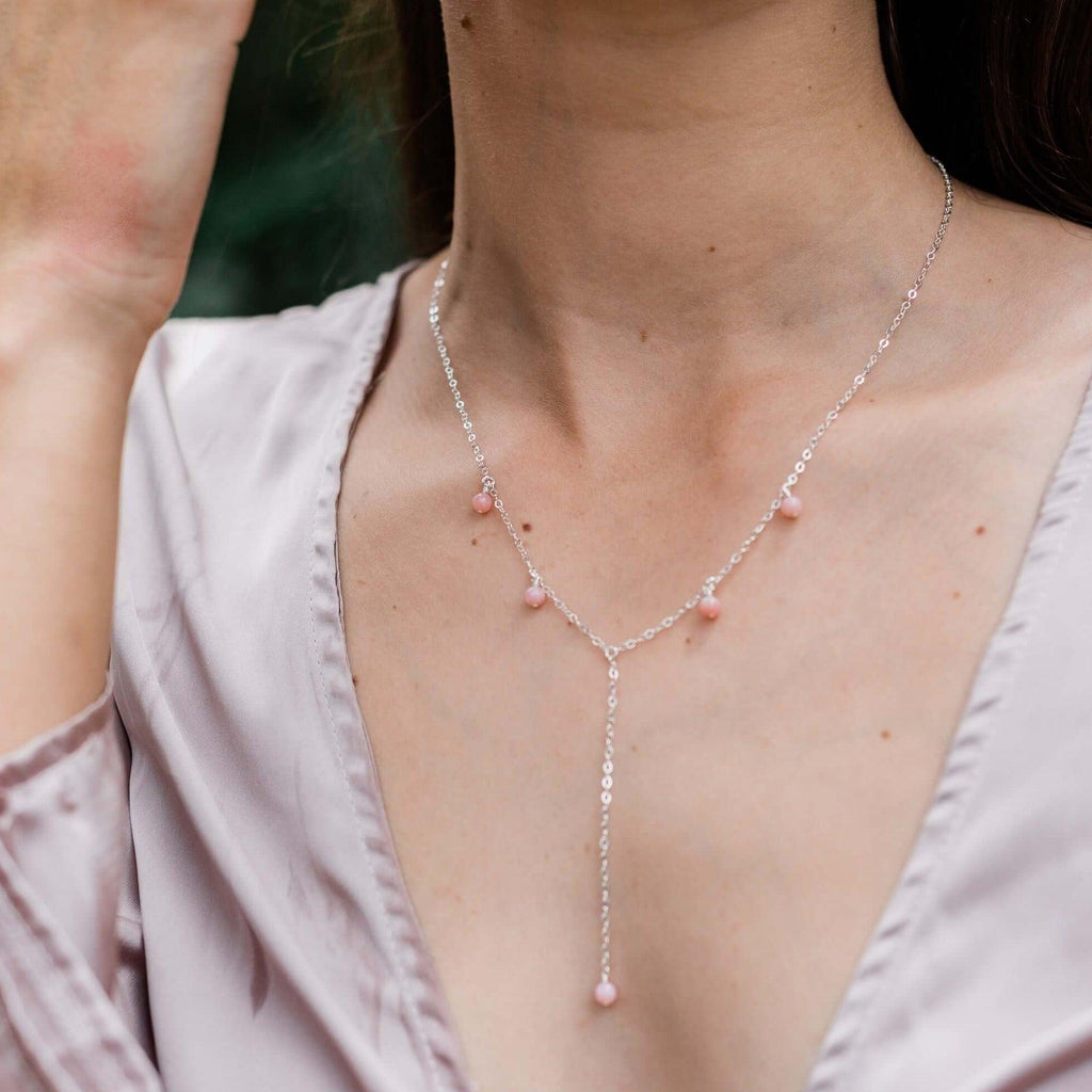 Pink Peruvian Opal Boho Lariat Necklace - Pink Peruvian Opal Boho Lariat Necklace - Sterling Silver - Luna Tide Handmade Crystal Jewellery
