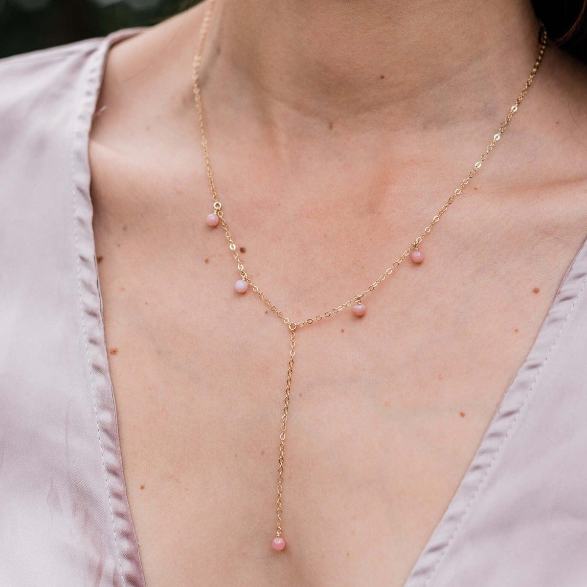 Boho Y Necklace - Pink Peruvian Opal - 14K Gold Fill - Luna Tide Handmade Jewellery