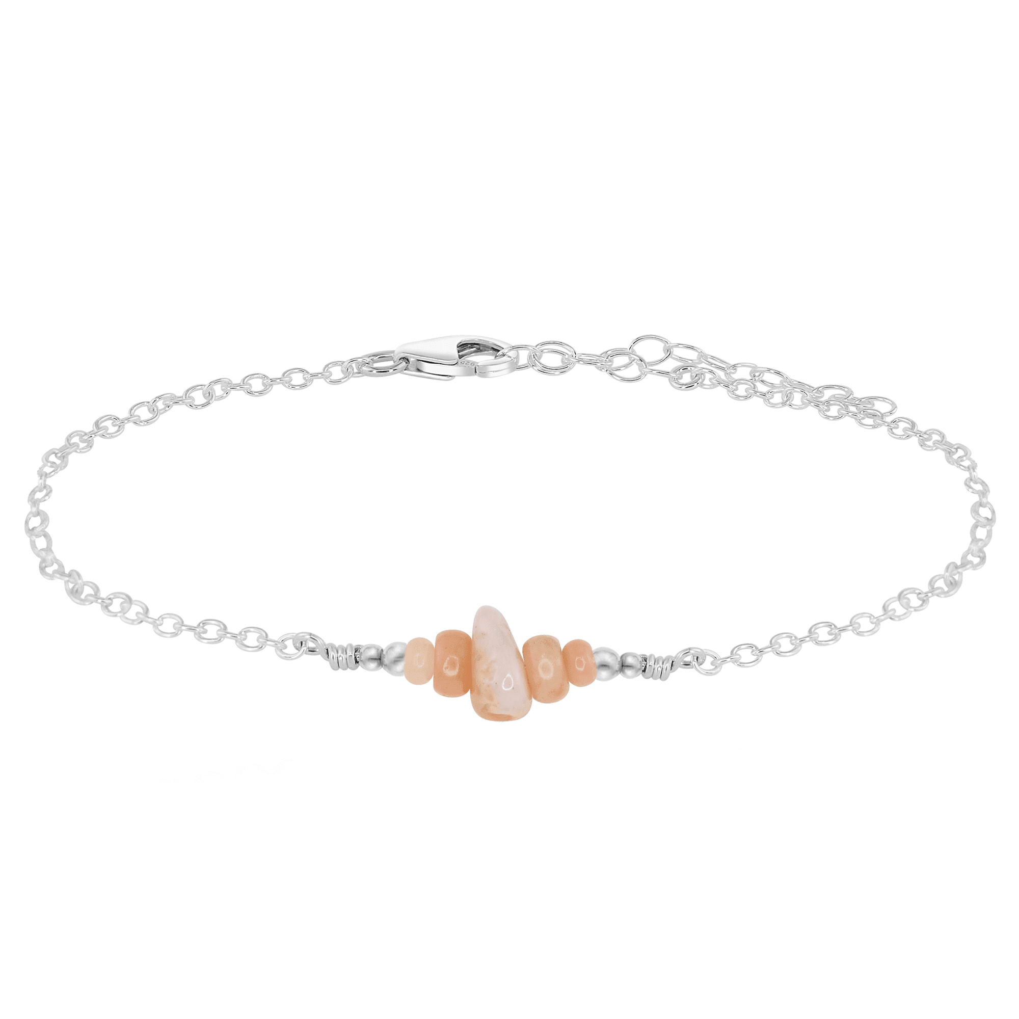Pink Peruvian opal Chip Bead Bar Anklet - Pink Peruvian opal Chip Bead Bar Anklet - Sterling Silver - Luna Tide Handmade Crystal Jewellery