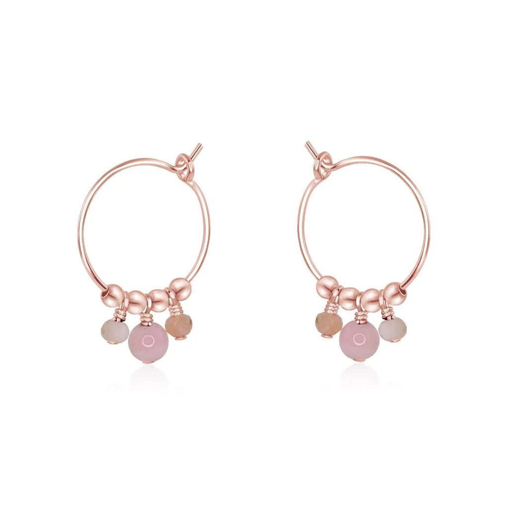Pink Peruvian Opal Gemstone Bead Drop Hoop Earrings - Pink Peruvian Opal Gemstone Bead Drop Hoop Earrings - 14k Rose Gold Fill - Luna Tide Handmade Crystal Jewellery