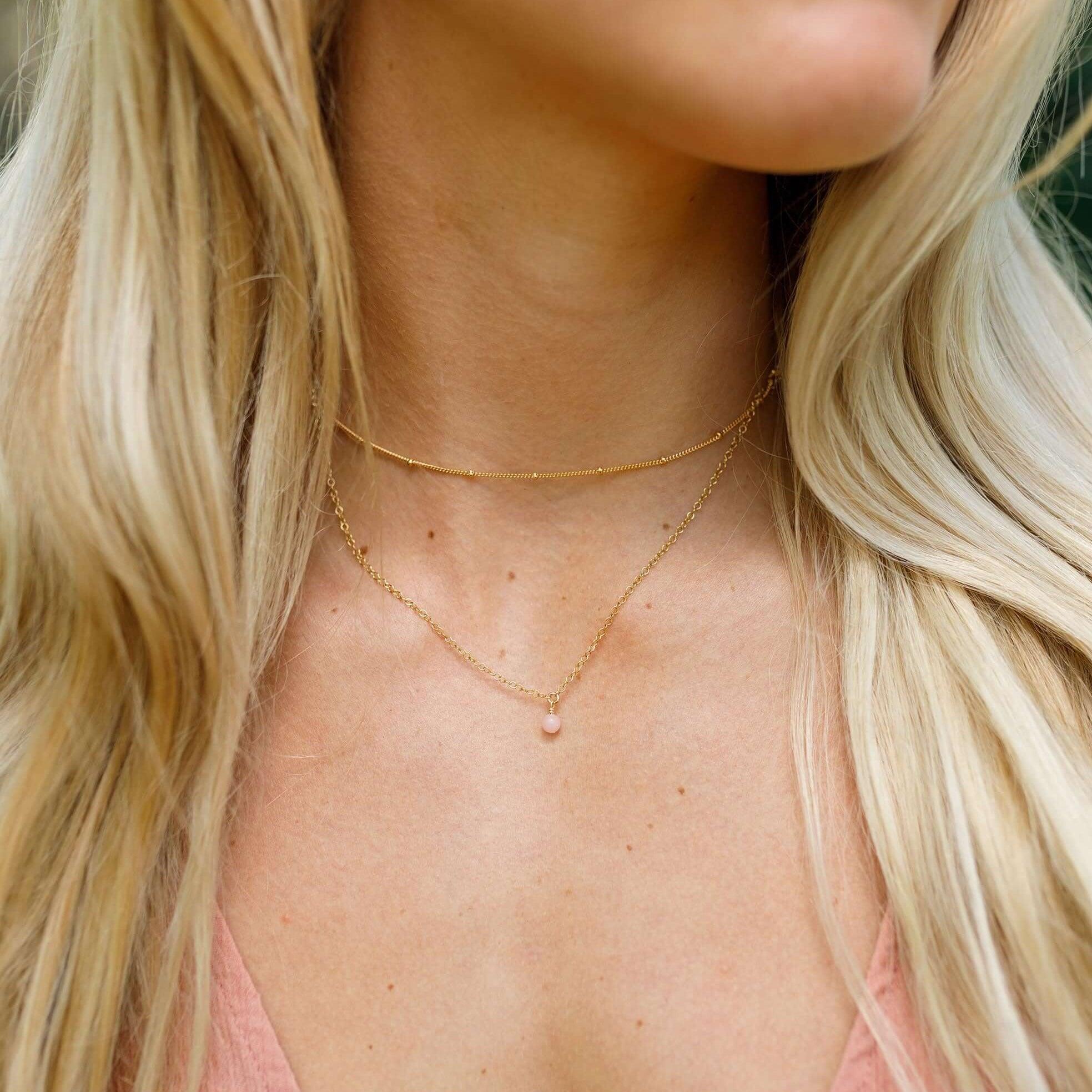 Pink Peruvian Opal Gemstone Chain Layered Choker Necklace - Pink Peruvian Opal Gemstone Chain Layered Choker Necklace - 14k Gold Fill - Luna Tide Handmade Crystal Jewellery