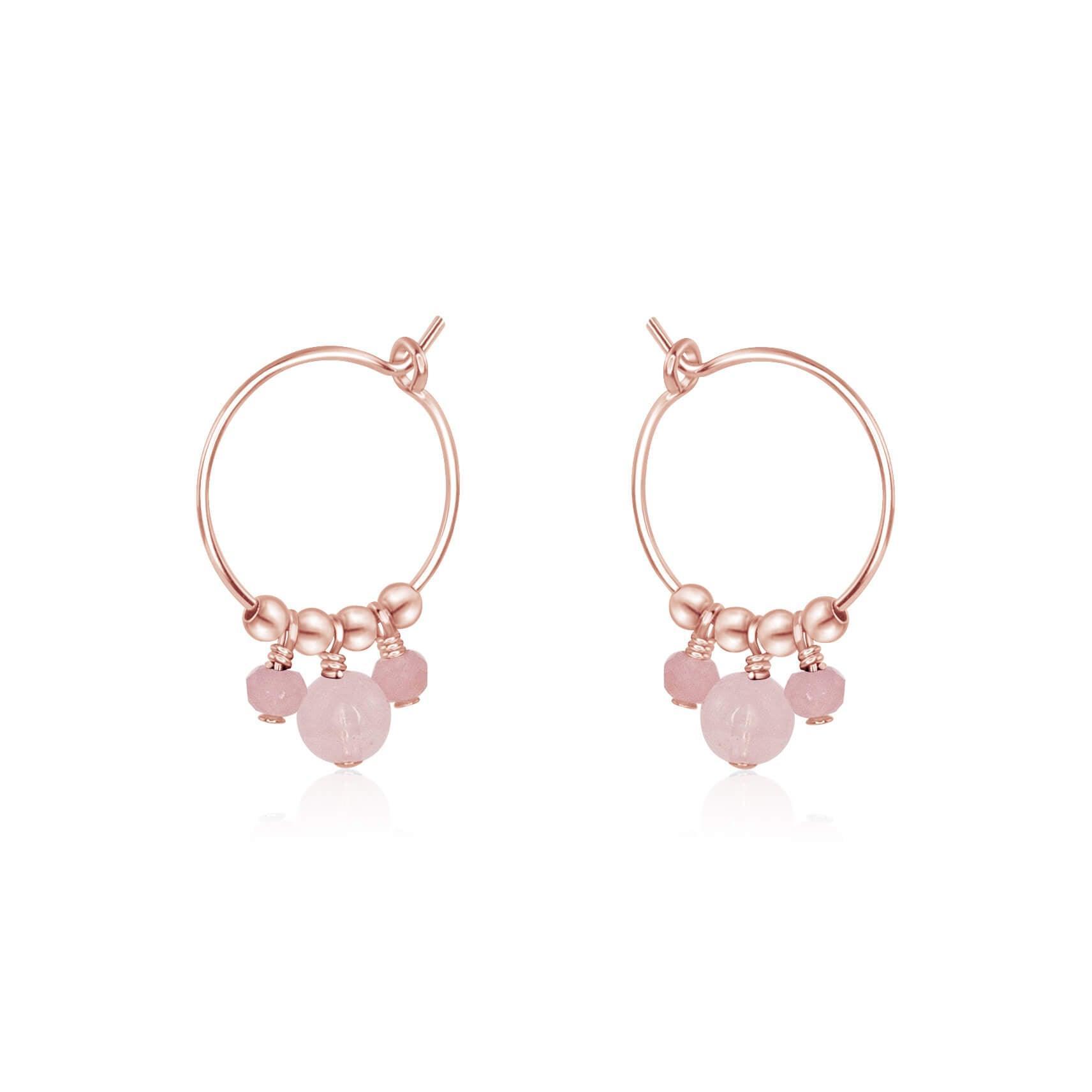 Pink Rose Quartz Gemstone Bead Drop Hoop Earrings - Pink Rose Quartz Gemstone Bead Drop Hoop Earrings - 14k Rose Gold Fill - Luna Tide Handmade Crystal Jewellery