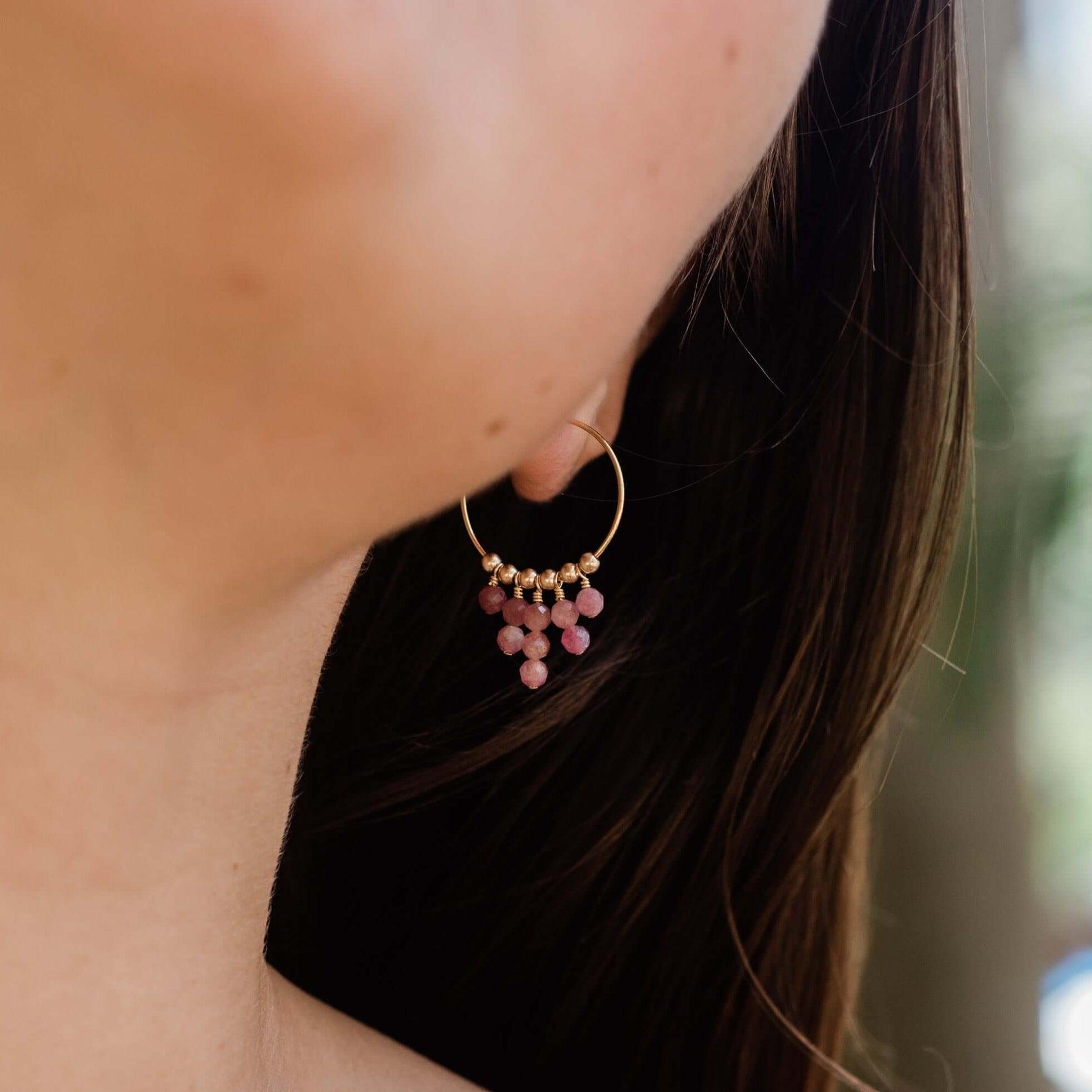 Pink Tourmaline Statement Hoop Earrings - Pink Tourmaline Statement Hoop Earrings - Sterling Silver - Luna Tide Handmade Crystal Jewellery