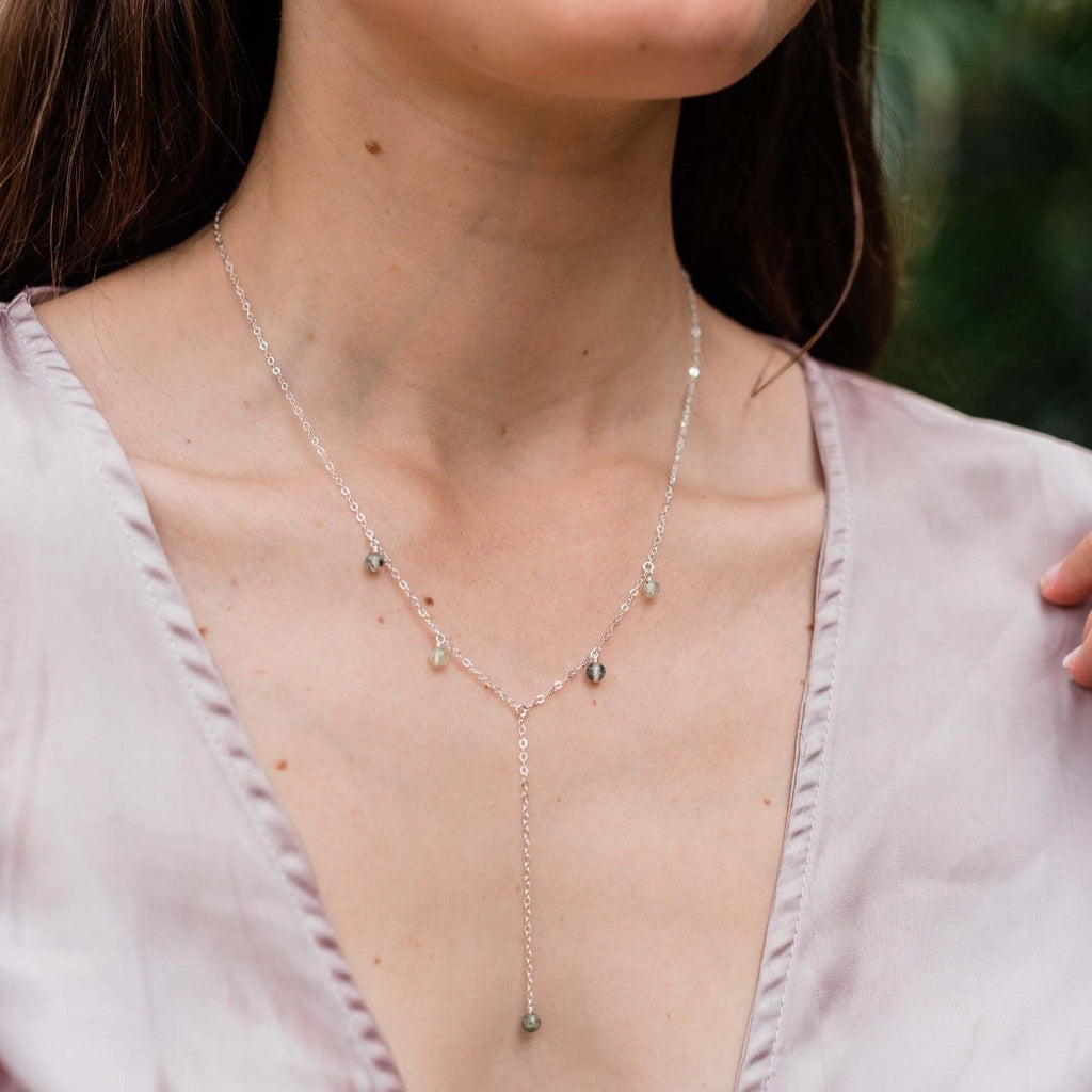 Prehnite Boho Lariat Necklace - Prehnite Boho Lariat Necklace - Sterling Silver - Luna Tide Handmade Crystal Jewellery