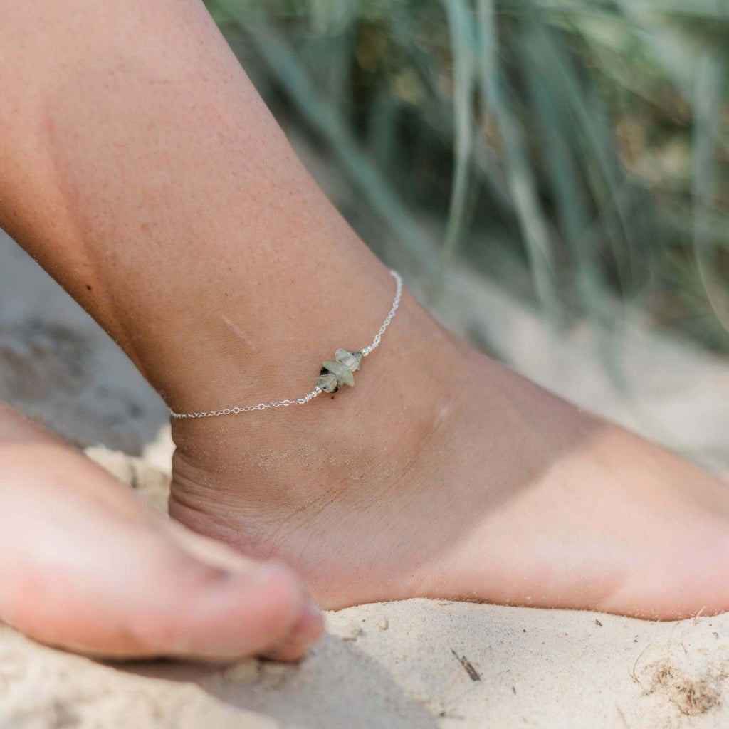 Prehnite Chip Bead Bar Anklet - Prehnite Chip Bead Bar Anklet - Sterling Silver - Luna Tide Handmade Crystal Jewellery