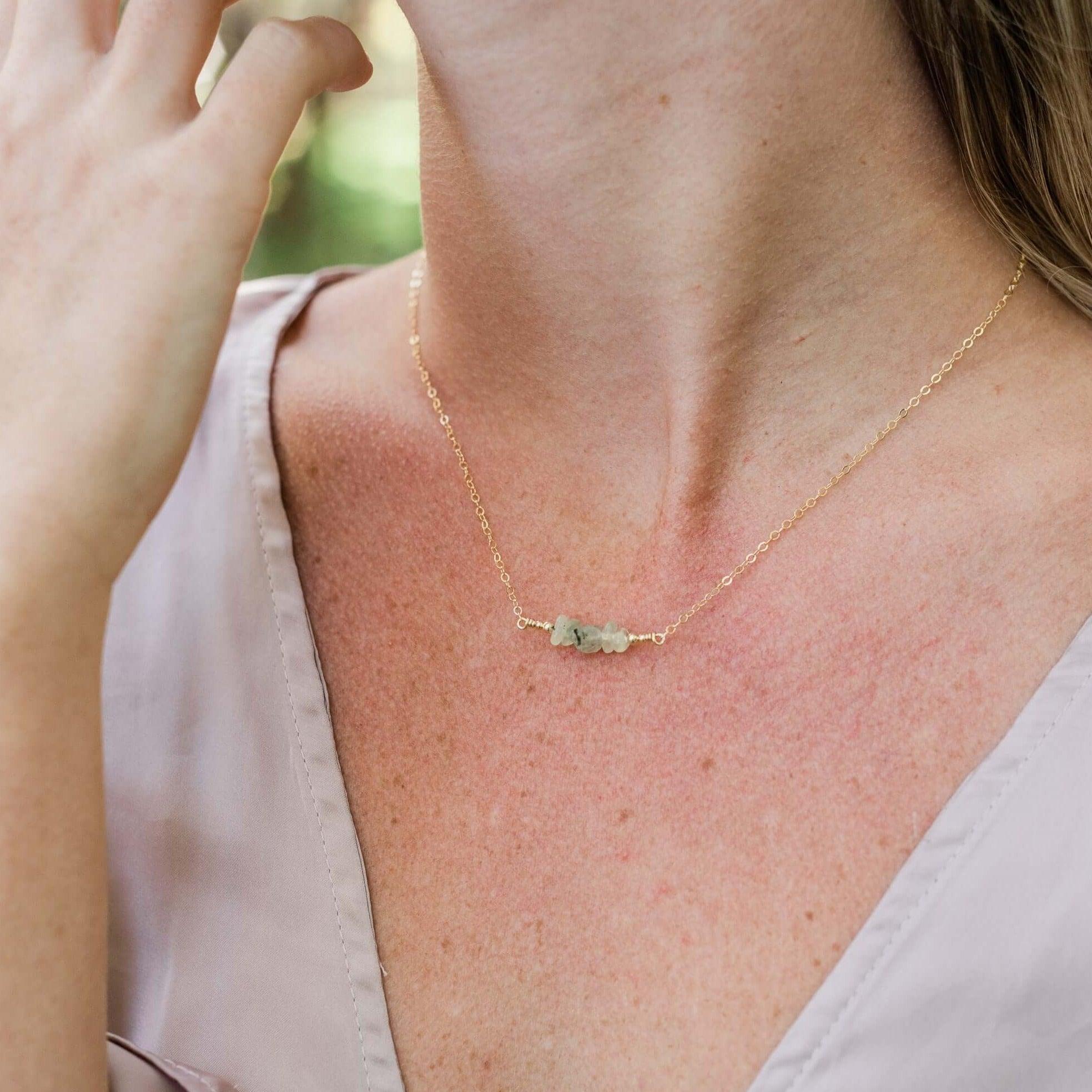 Prehnite Chip Bead Bar Necklace - Prehnite Chip Bead Bar Necklace - 14k Gold Fill - Luna Tide Handmade Crystal Jewellery