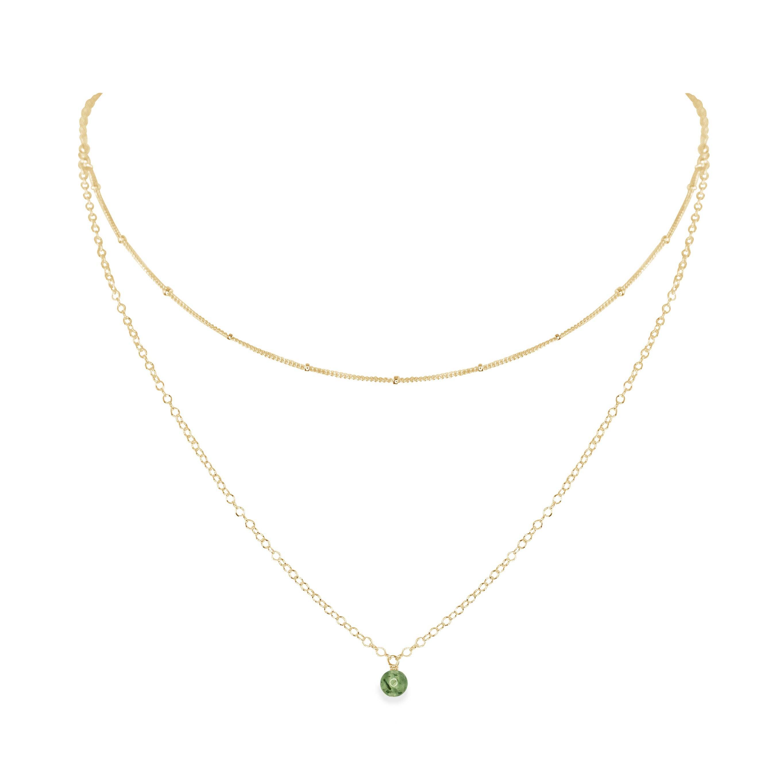 Prehnite Gemstone Chain Layered Choker Necklace - Prehnite Gemstone Chain Layered Choker Necklace - 14k Gold Fill - Luna Tide Handmade Crystal Jewellery