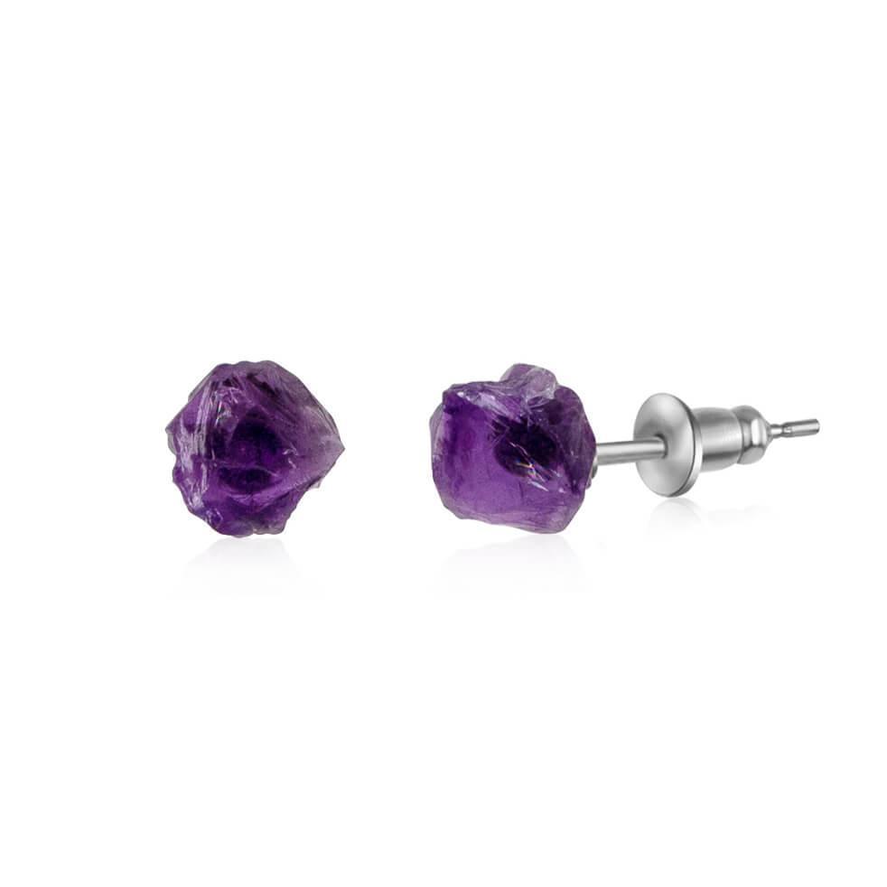Custom Raw Crystal Gemstone Stud Earrings - Custom Raw Crystal Gemstone Stud Earrings - Sterling Silver / Amethyst for February - Luna Tide Handmade Crystal Jewellery