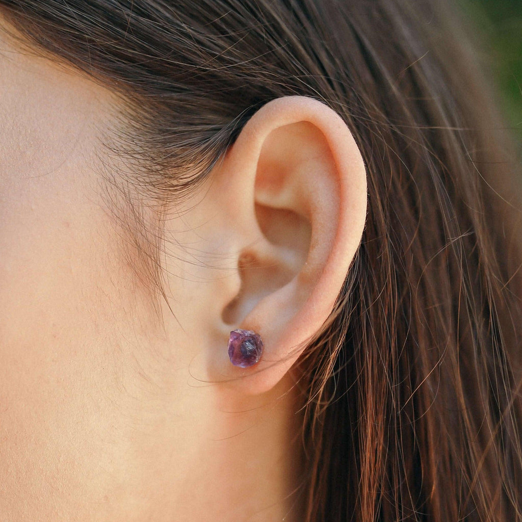 Custom Raw Crystal Gemstone Stud Earrings - Custom Raw Crystal Gemstone Stud Earrings - Sterling Silver / Amethyst for February - Luna Tide Handmade Crystal Jewellery