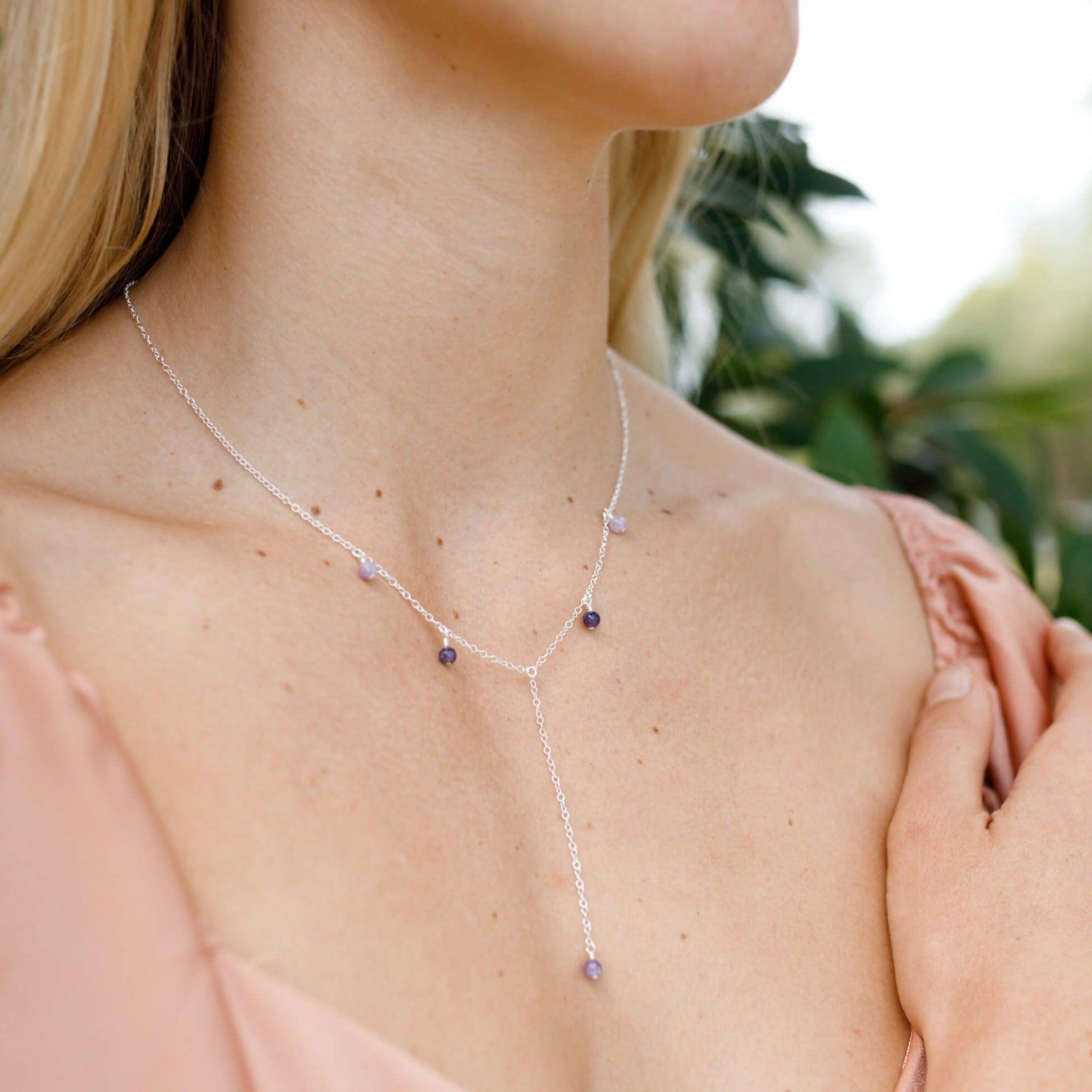 Purple Lepidolite Crystal Boho Lariat Necklace - Purple Lepidolite Crystal Boho Lariat Necklace - 14k Gold Fill - Luna Tide Handmade Crystal Jewellery