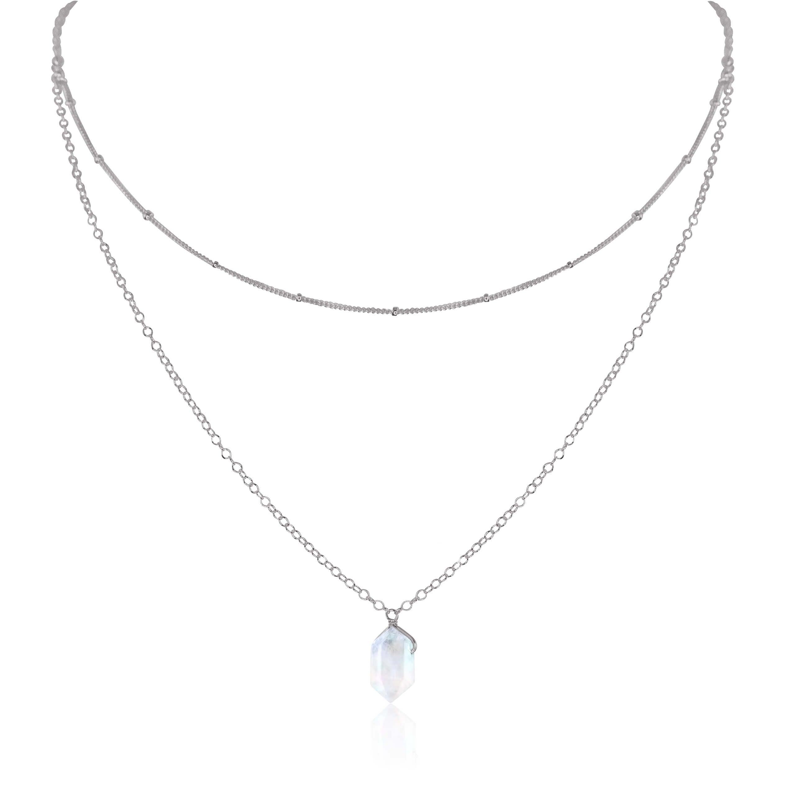 Rainbow Moonstone Double Terminated Crystal Chain Layered Choker Necklace - Rainbow Moonstone Double Terminated Crystal Chain Layered Choker Necklace - Stainless Steel - Luna Tide Handmade Crystal Jewellery