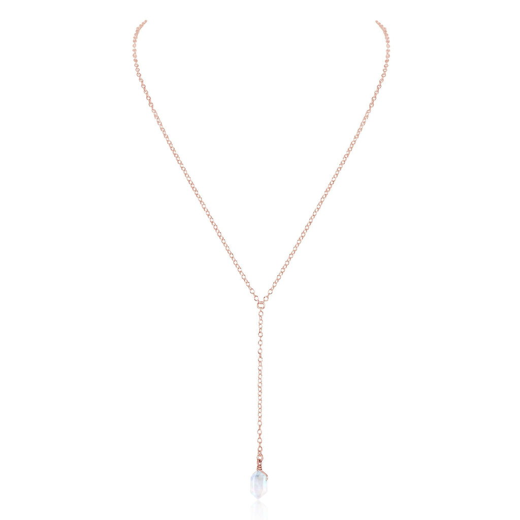 Rainbow Moonstone Double Terminated Mini Crystal Point Lariat Necklace - Rainbow Moonstone Double Terminated Mini Crystal Point Lariat Necklace - 14k Rose Gold Fill - Luna Tide Handmade Crystal Jewellery