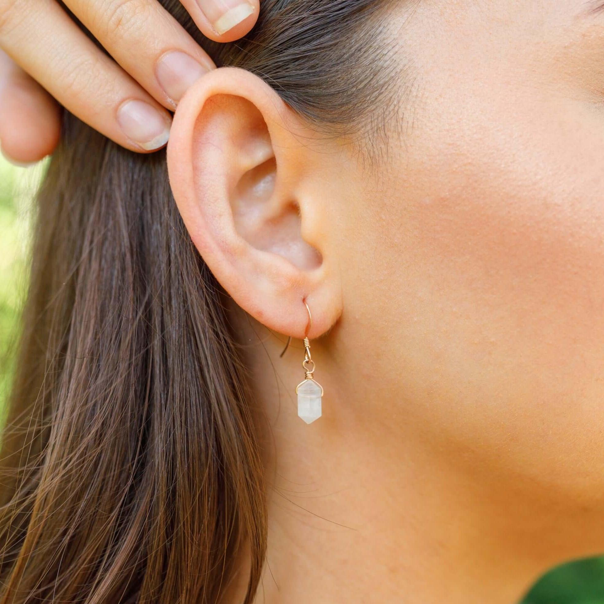 Rainbow Moonstone Mini Double Terminated Crystal Point Dangle Drop Earrings - Rainbow Moonstone Mini Double Terminated Crystal Point Dangle Drop Earrings - 14k Gold Fill - Luna Tide Handmade Crystal Jewellery