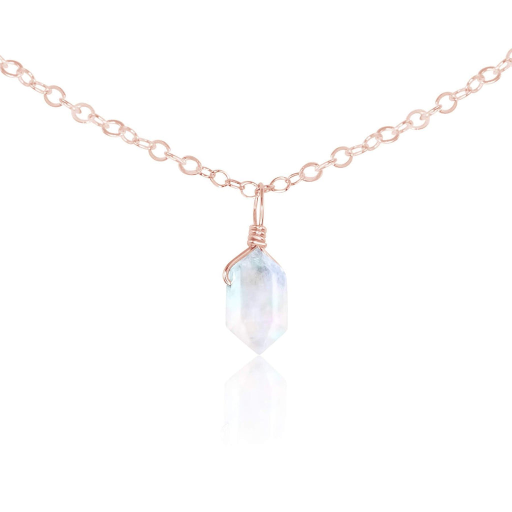 Rainbow Moonstone Mini Double Terminated Crystal Point Pendant Choker Necklace - Rainbow Moonstone Mini Double Terminated Crystal Point Pendant Choker Necklace - 14k Rose Gold Fill / Cable - Luna Tide Handmade Crystal Jewellery