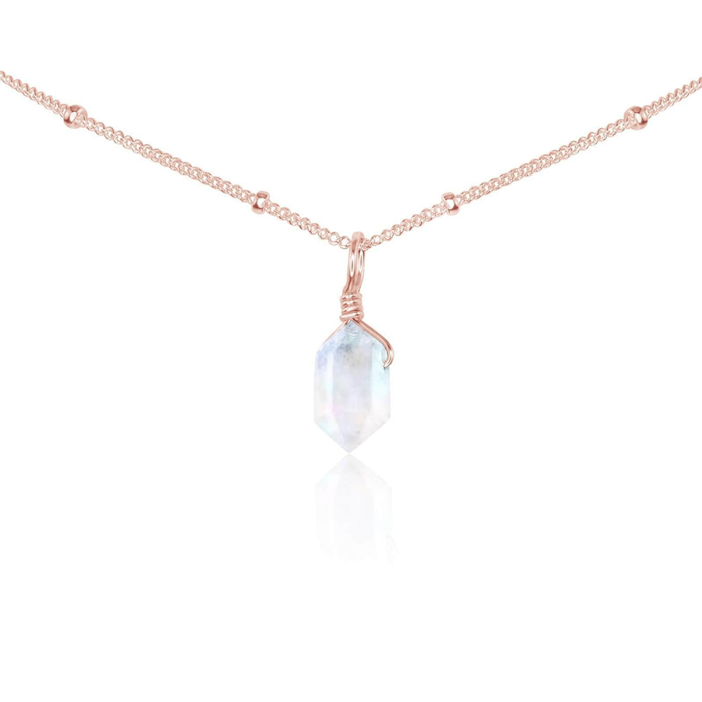 Rainbow Moonstone Mini Double Terminated Crystal Point Pendant Choker Necklace - Rainbow Moonstone Mini Double Terminated Crystal Point Pendant Choker Necklace - 14k Rose Gold Fill / Satellite - Luna Tide Handmade Crystal Jewellery