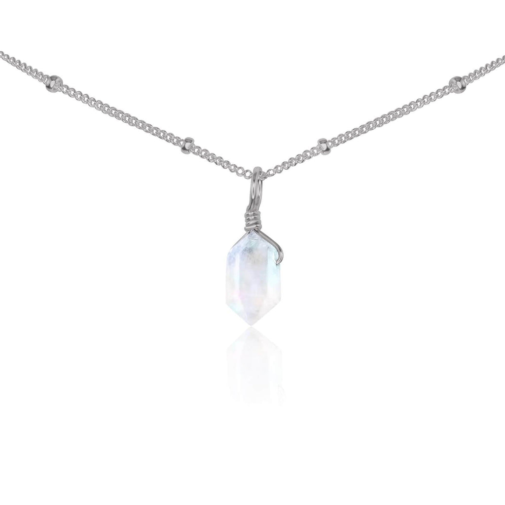 Rainbow Moonstone Mini Double Terminated Crystal Point Pendant Choker Necklace - Rainbow Moonstone Mini Double Terminated Crystal Point Pendant Choker Necklace - Stainless Steel / Satellite - Luna Tide Handmade Crystal Jewellery