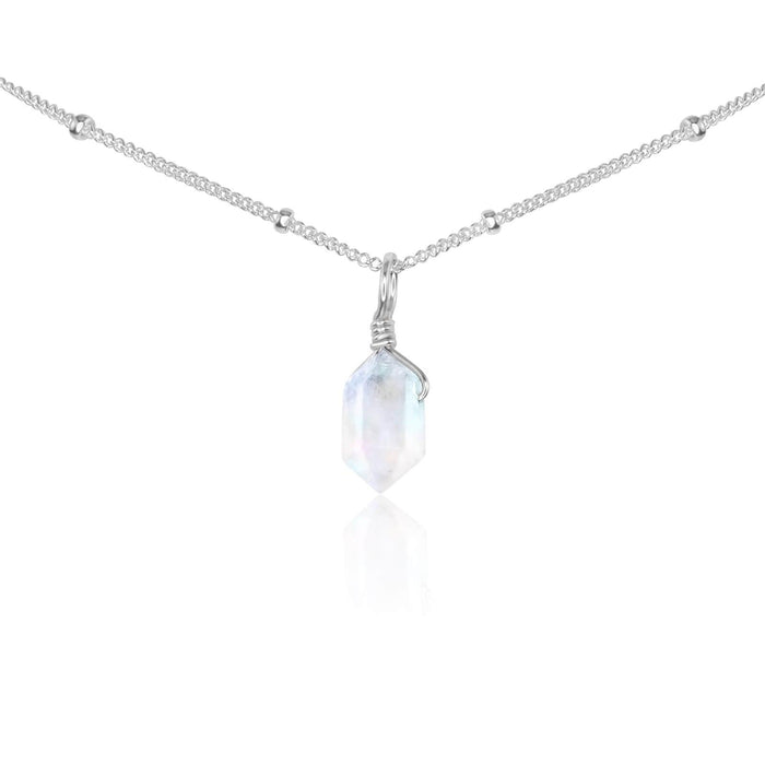 Rainbow Moonstone Mini Double Terminated Crystal Point Pendant Choker Necklace - Rainbow Moonstone Mini Double Terminated Crystal Point Pendant Choker Necklace - Sterling Silver / Satellite - Luna Tide Handmade Crystal Jewellery