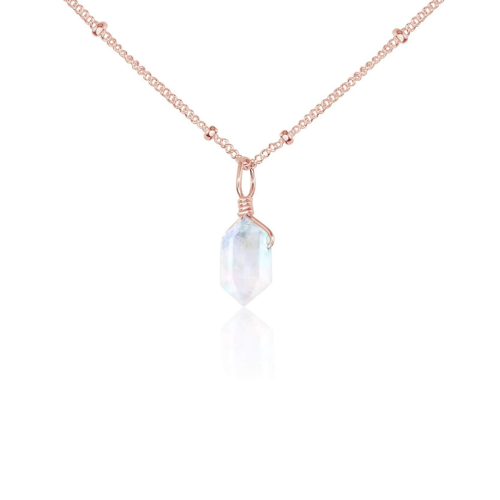 Rainbow Moonstone Mini Double Terminated Crystal Point Pendant Necklace - Rainbow Moonstone Mini Double Terminated Crystal Point Pendant Necklace - 14k Rose Gold Fill / Satellite - Luna Tide Handmade Crystal Jewellery