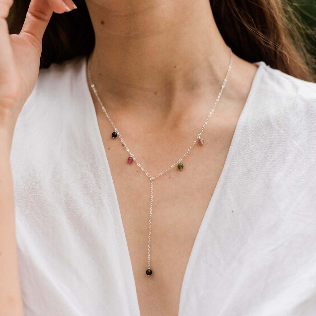 Rainbow Tourmaline Boho Lariat Necklace - Rainbow Tourmaline Boho Lariat Necklace - Sterling Silver - Luna Tide Handmade Crystal Jewellery