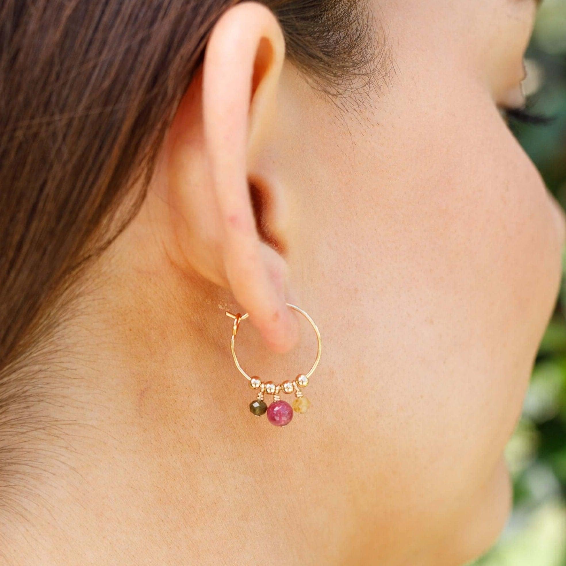 Rainbow Tourmaline Gemstone Bead Drop Hoop Earrings - Rainbow Tourmaline Gemstone Bead Drop Hoop Earrings - 14k Gold Fill - Luna Tide Handmade Crystal Jewellery