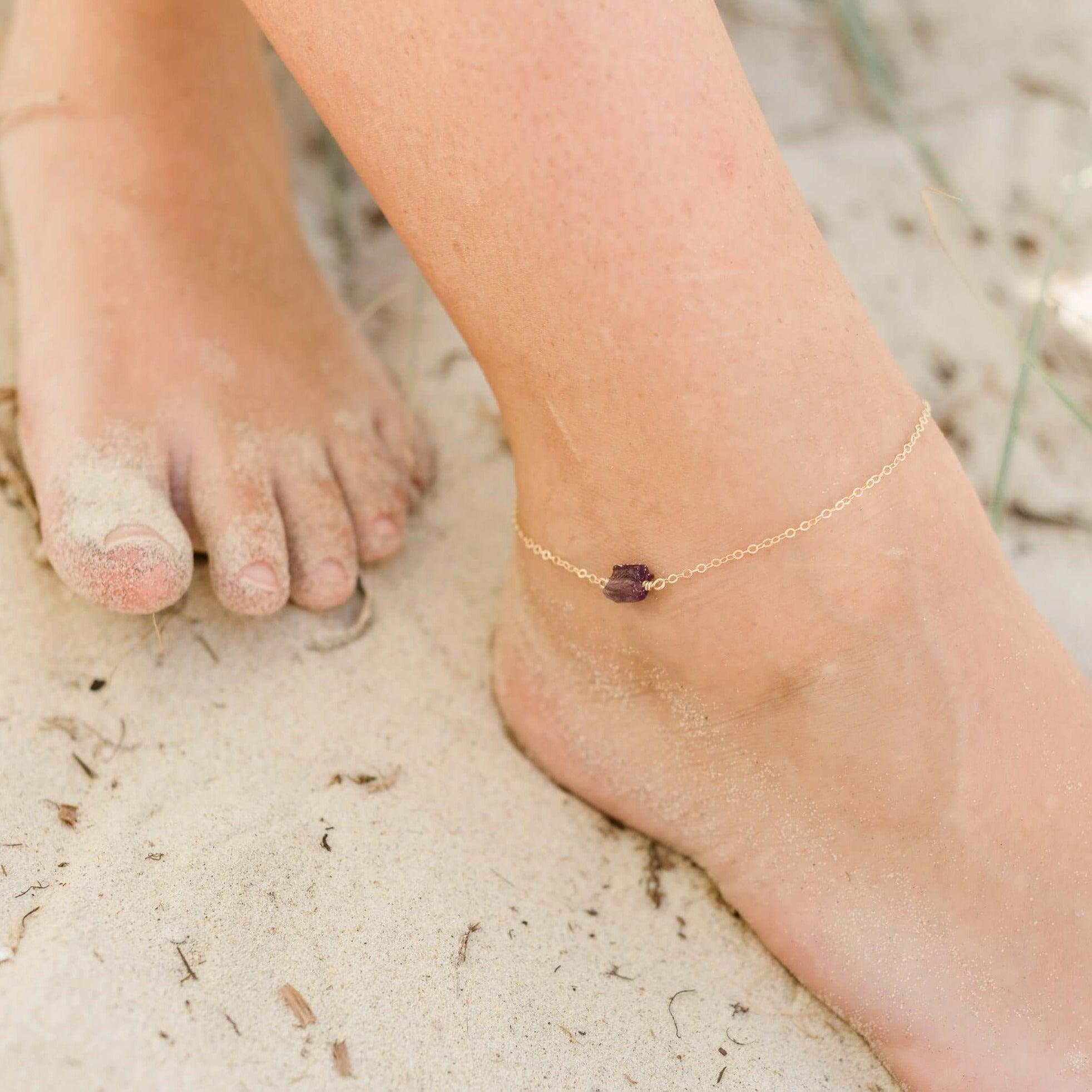 Raw Amethyst Crystal Nugget Anklet - Raw Amethyst Crystal Nugget Anklet - Sterling Silver - Luna Tide Handmade Crystal Jewellery