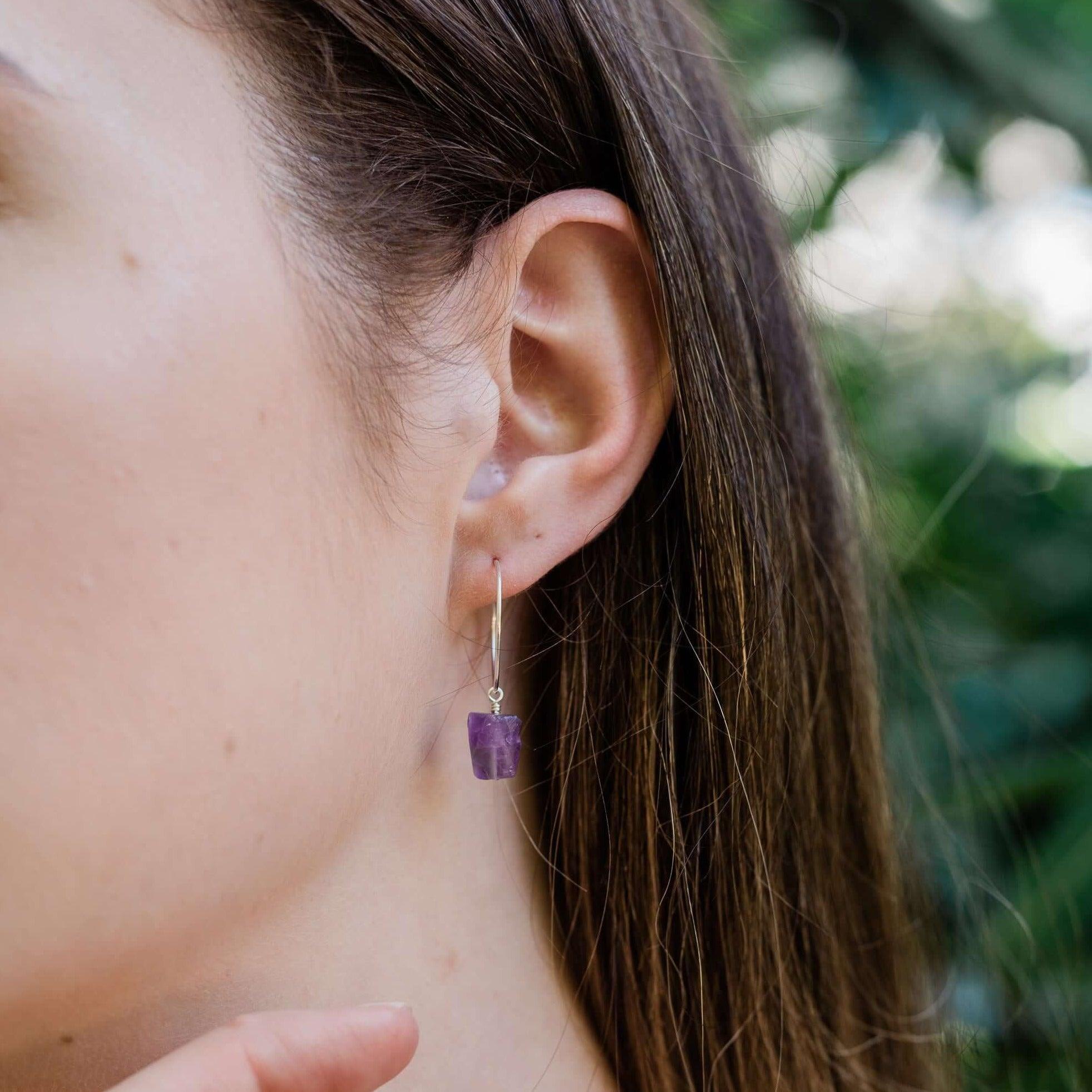 Raw Amethyst Gemstone Dangle Hoop Earrings - Raw Amethyst Gemstone Dangle Hoop Earrings - Sterling Silver - Luna Tide Handmade Crystal Jewellery