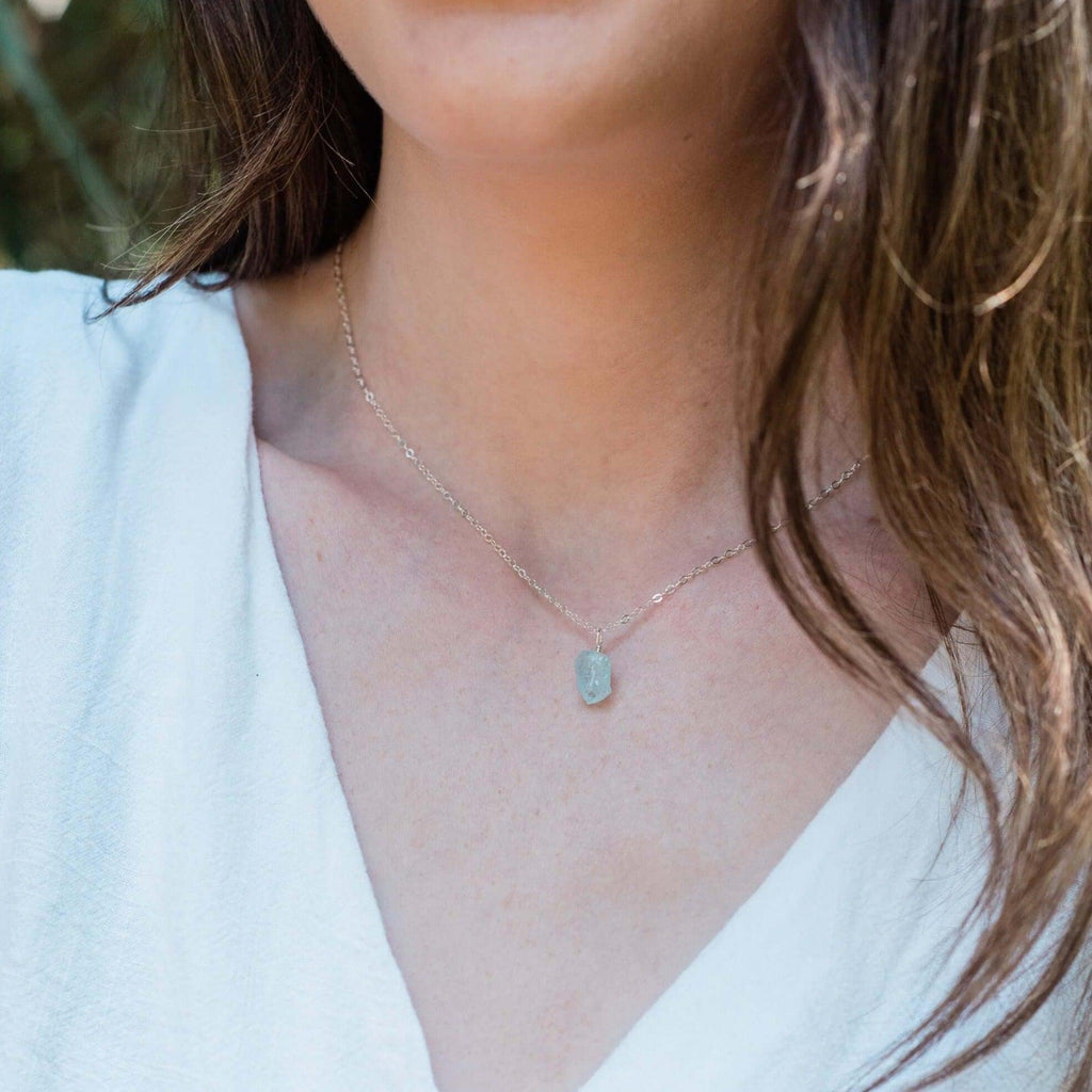 Raw Aquamarine Natural Crystal Pendant Necklace - Raw Aquamarine Natural Crystal Pendant Necklace - Sterling Silver / Satellite - Luna Tide Handmade Crystal Jewellery