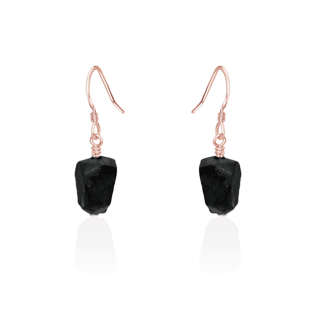 Raw Black Obsidian Crystal Dangle Drop Earrings - Raw Black Obsidian Crystal Dangle Drop Earrings - 14k Rose Gold Fill - Luna Tide Handmade Crystal Jewellery