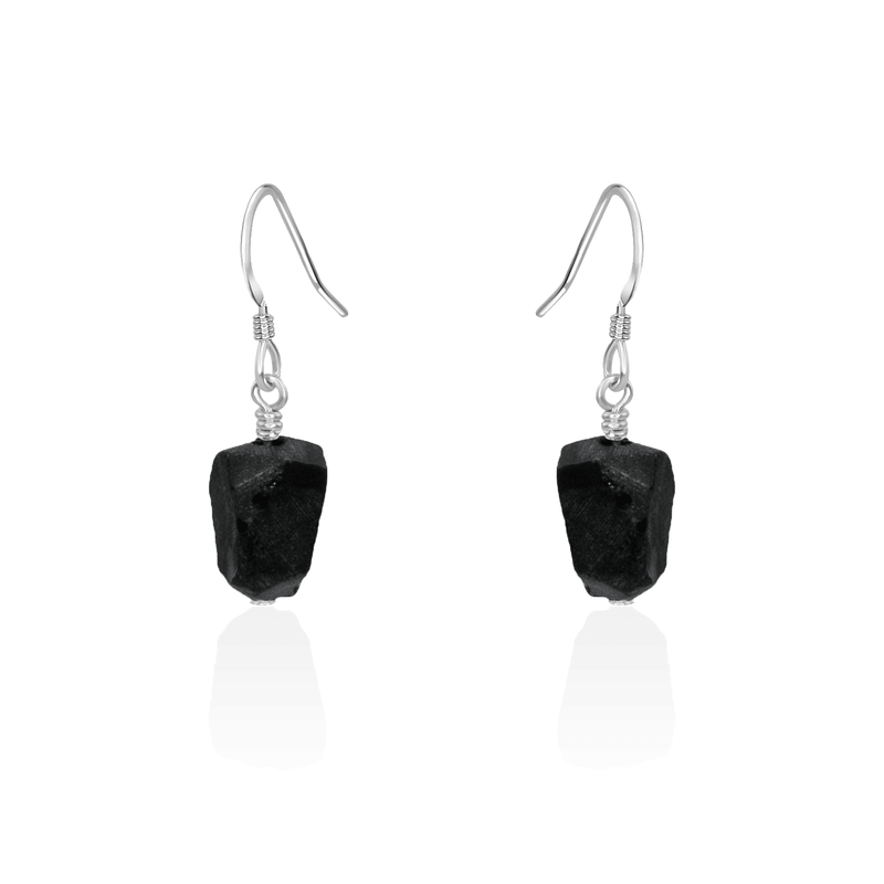Raw Black Obsidian Crystal Dangle Drop Earrings - Raw Black Obsidian Crystal Dangle Drop Earrings - Sterling Silver - Luna Tide Handmade Crystal Jewellery