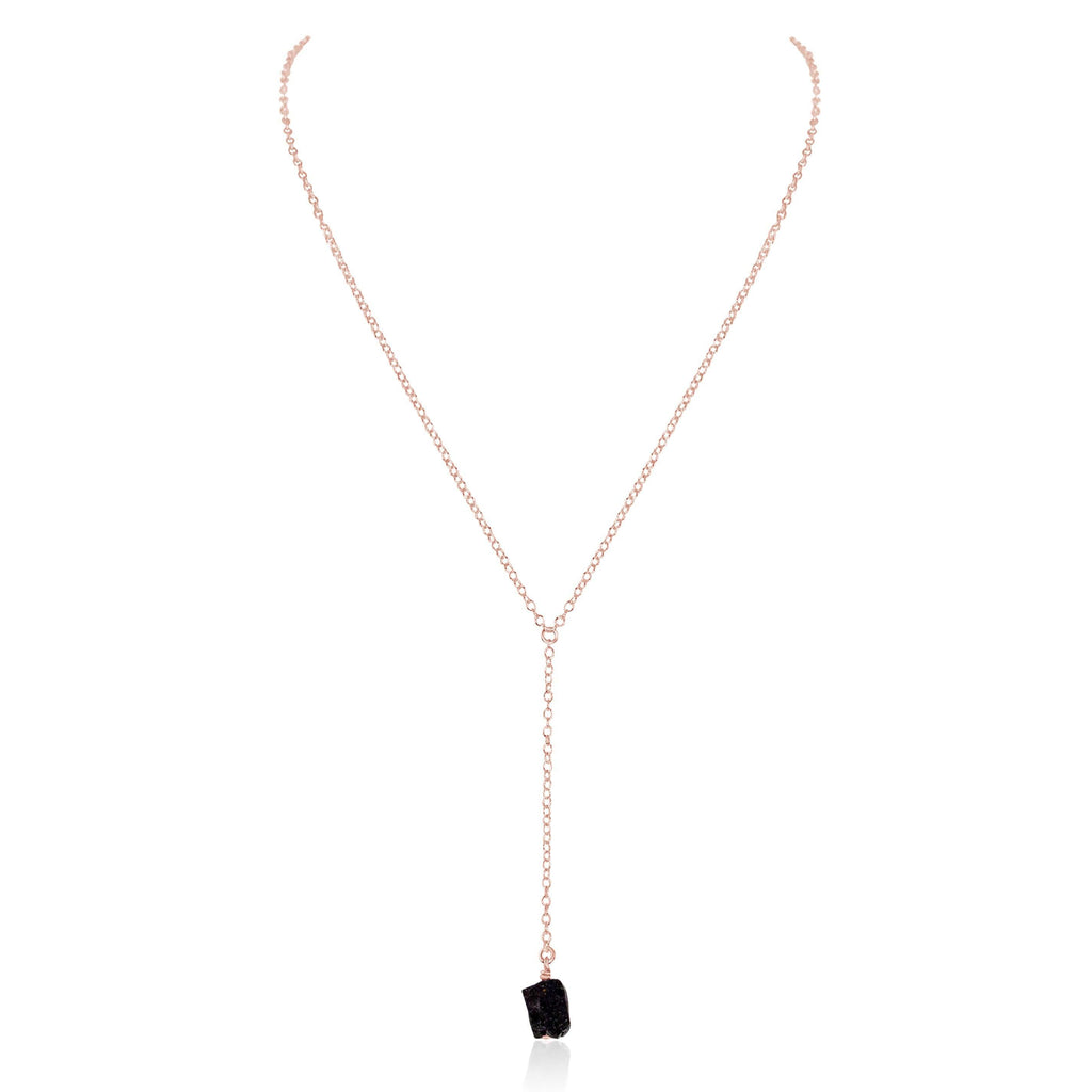 Raw Black Tourmaline Crystal Lariat Necklace - Raw Black Tourmaline Crystal Lariat Necklace - 14k Rose Gold Fill - Luna Tide Handmade Crystal Jewellery