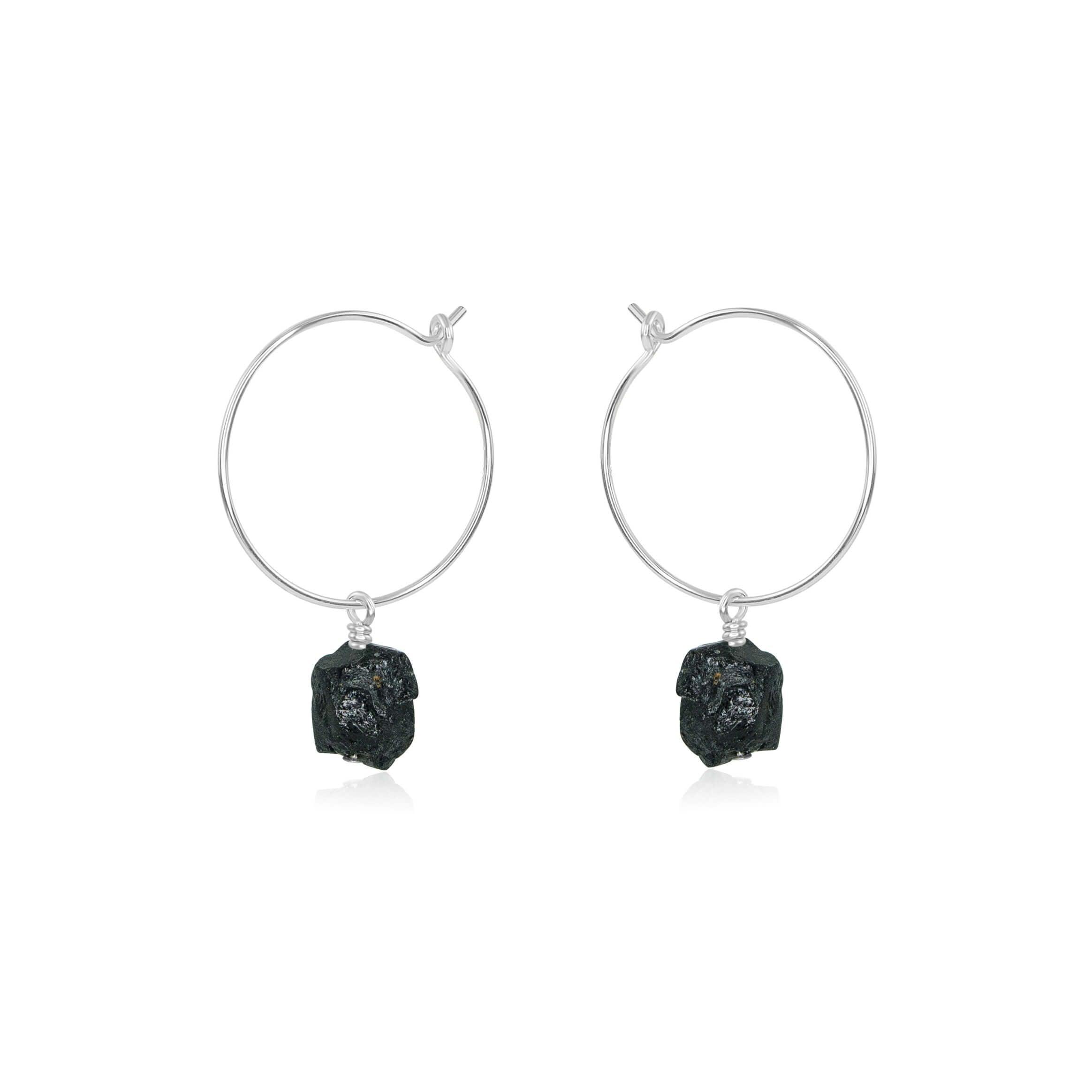 Raw Black Tourmaline Gemstone Dangle Hoop Earrings - Raw Black Tourmaline Gemstone Dangle Hoop Earrings - Sterling Silver - Luna Tide Handmade Crystal Jewellery