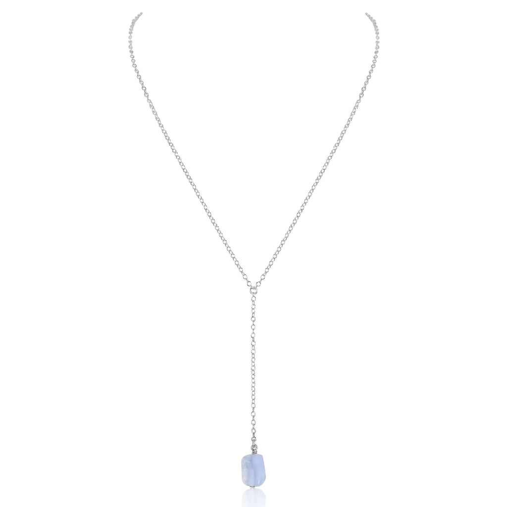 Raw Blue Lace Agate Crystal Lariat Necklace - Raw Blue Lace Agate Crystal Lariat Necklace - Sterling Silver - Luna Tide Handmade Crystal Jewellery