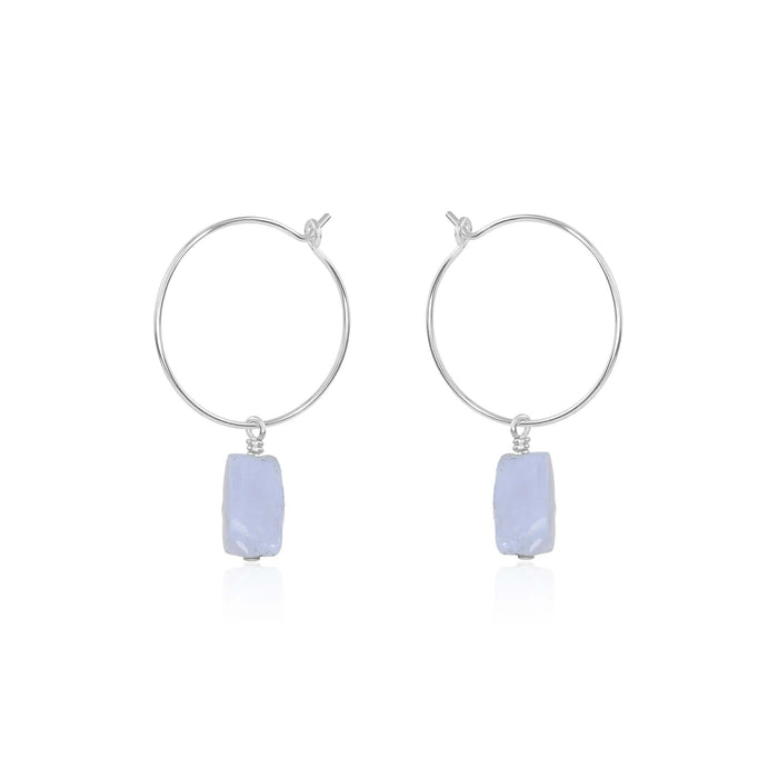 Raw Blue Lace Agate Gemstone Dangle Hoop Earrings - Raw Blue Lace Agate Gemstone Dangle Hoop Earrings - Sterling Silver - Luna Tide Handmade Crystal Jewellery