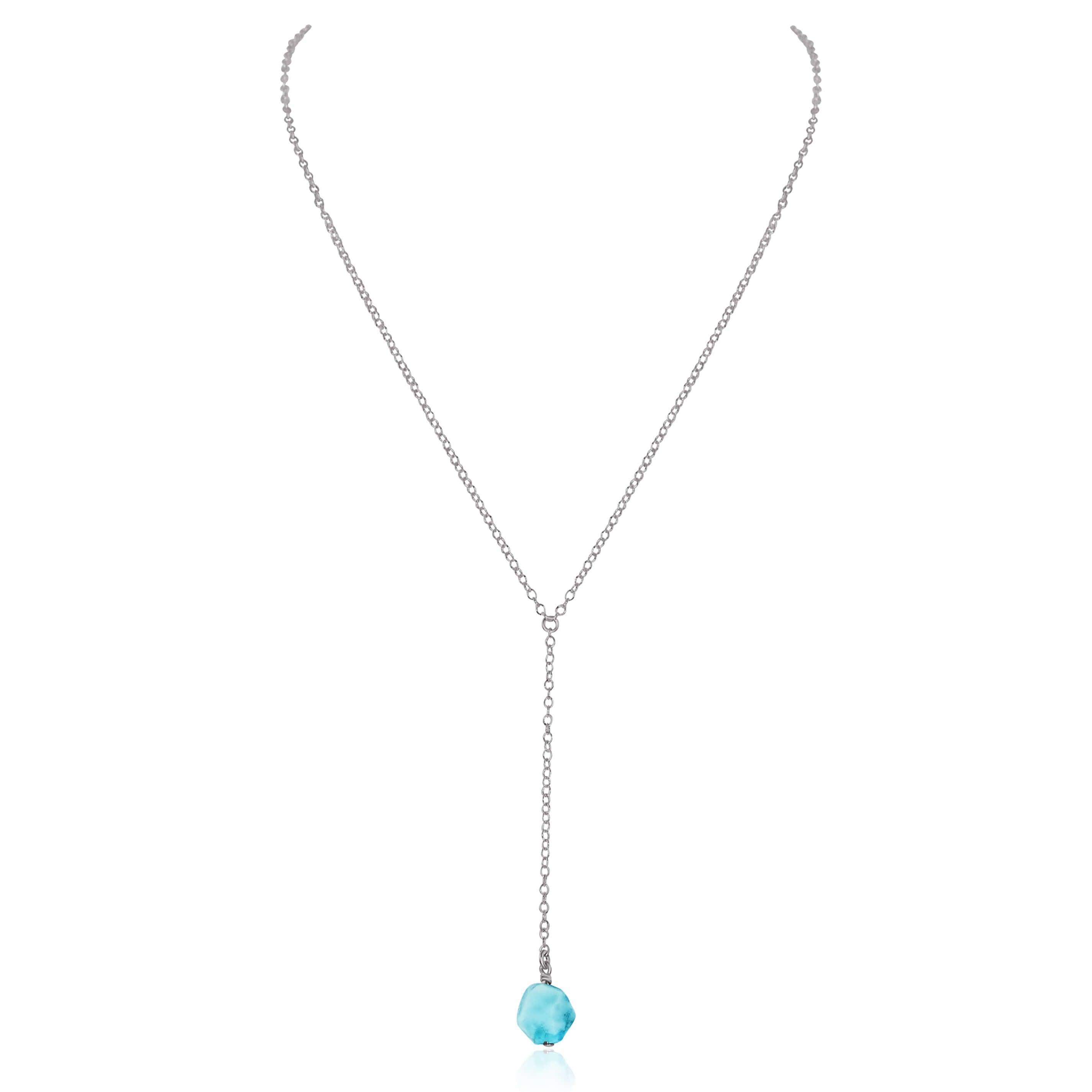 Raw Blue Larimar Crystal Lariat Necklace - Raw Blue Larimar Crystal Lariat Necklace - Stainless Steel - Luna Tide Handmade Crystal Jewellery