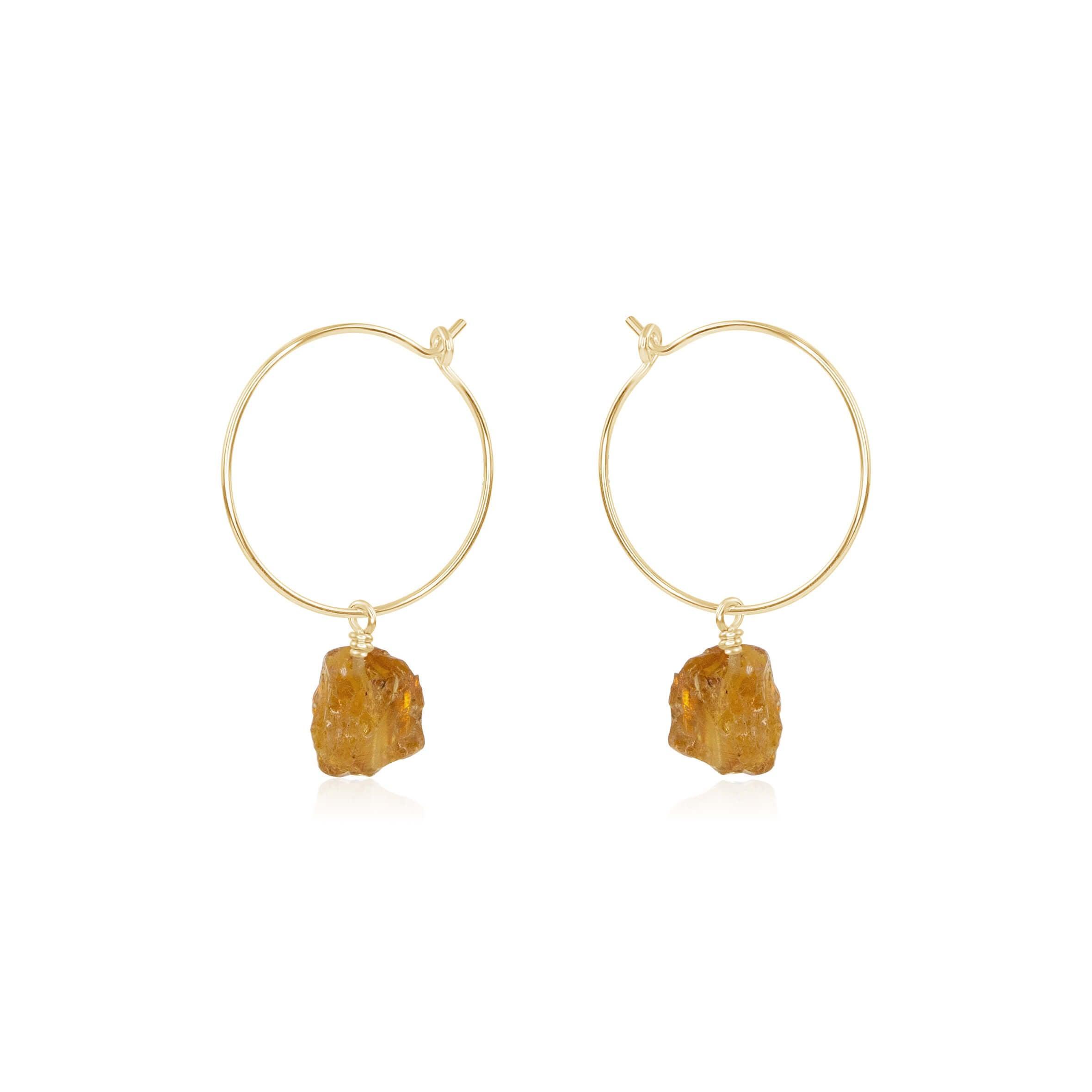 Raw Citrine Gemstone Dangle Hoop Earrings - Raw Citrine Gemstone Dangle Hoop Earrings - 14k Gold Fill - Luna Tide Handmade Crystal Jewellery