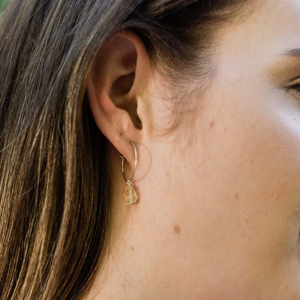 Raw Citrine Gemstone Dangle Hoop Earrings - Raw Citrine Gemstone Dangle Hoop Earrings - 14k Gold Fill - Luna Tide Handmade Crystal Jewellery