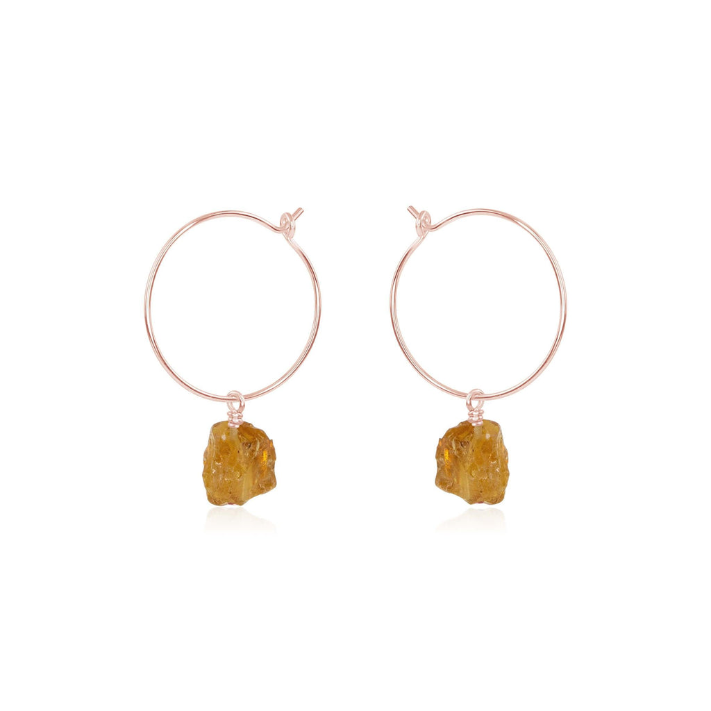 Raw Citrine Gemstone Dangle Hoop Earrings - Raw Citrine Gemstone Dangle Hoop Earrings - 14k Rose Gold Fill - Luna Tide Handmade Crystal Jewellery
