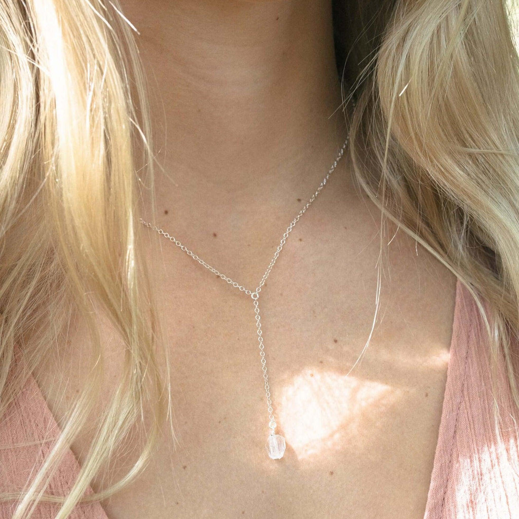 Raw Clear Quartz Crystal Lariat Necklace - Raw Clear Quartz Crystal Lariat Necklace - 14k Gold Fill - Luna Tide Handmade Crystal Jewellery