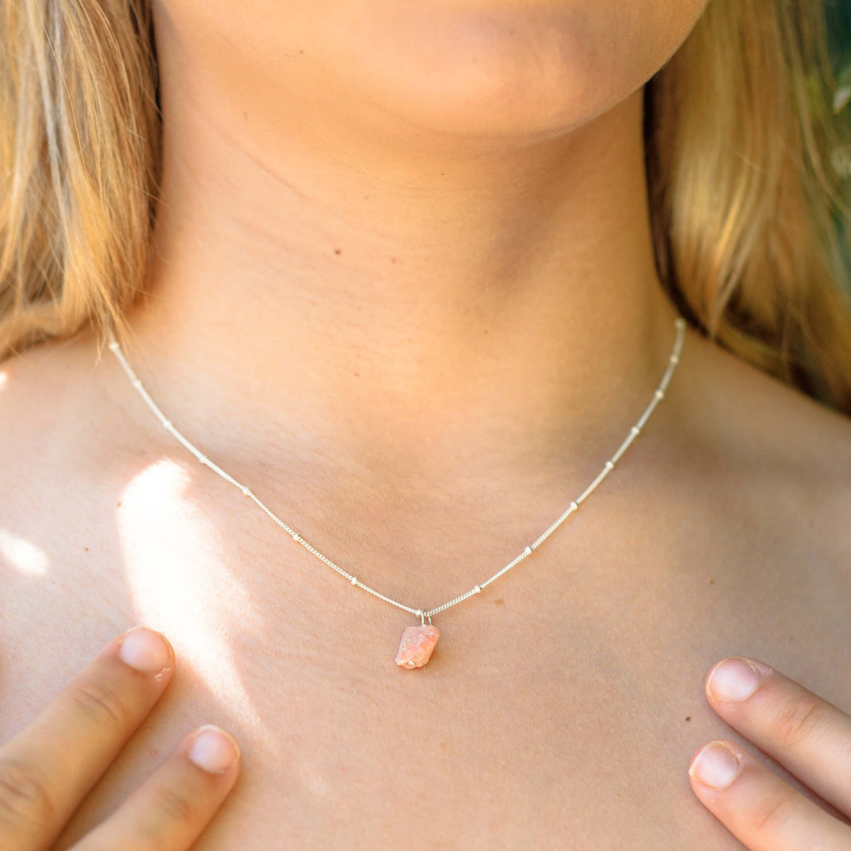 Raw Crystal Pendant Necklace - Pink Peruvian Opal - Sterling Silver Satellite - Luna Tide Handmade Jewellery