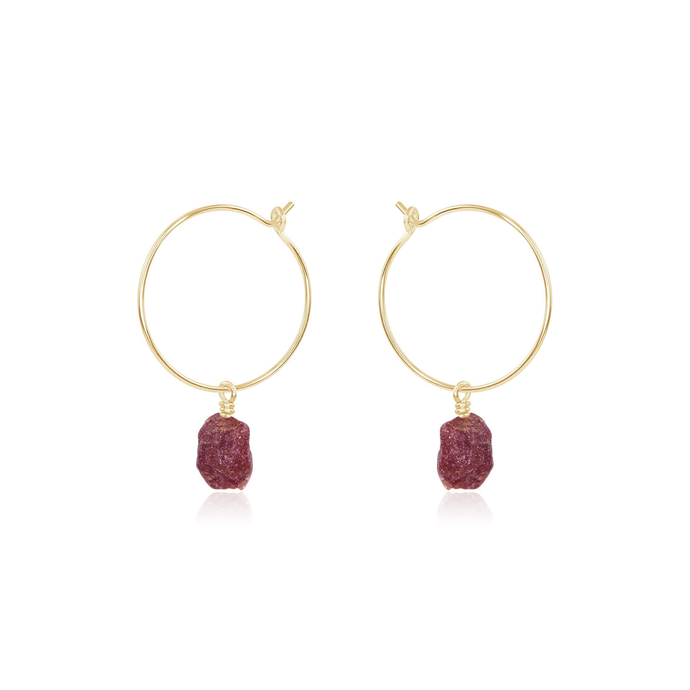 Raw Earth Red Ruby Gemstone Dangle Hoop Earrings - Raw Earth Red Ruby Gemstone Dangle Hoop Earrings - 14k Gold Fill - Luna Tide Handmade Crystal Jewellery