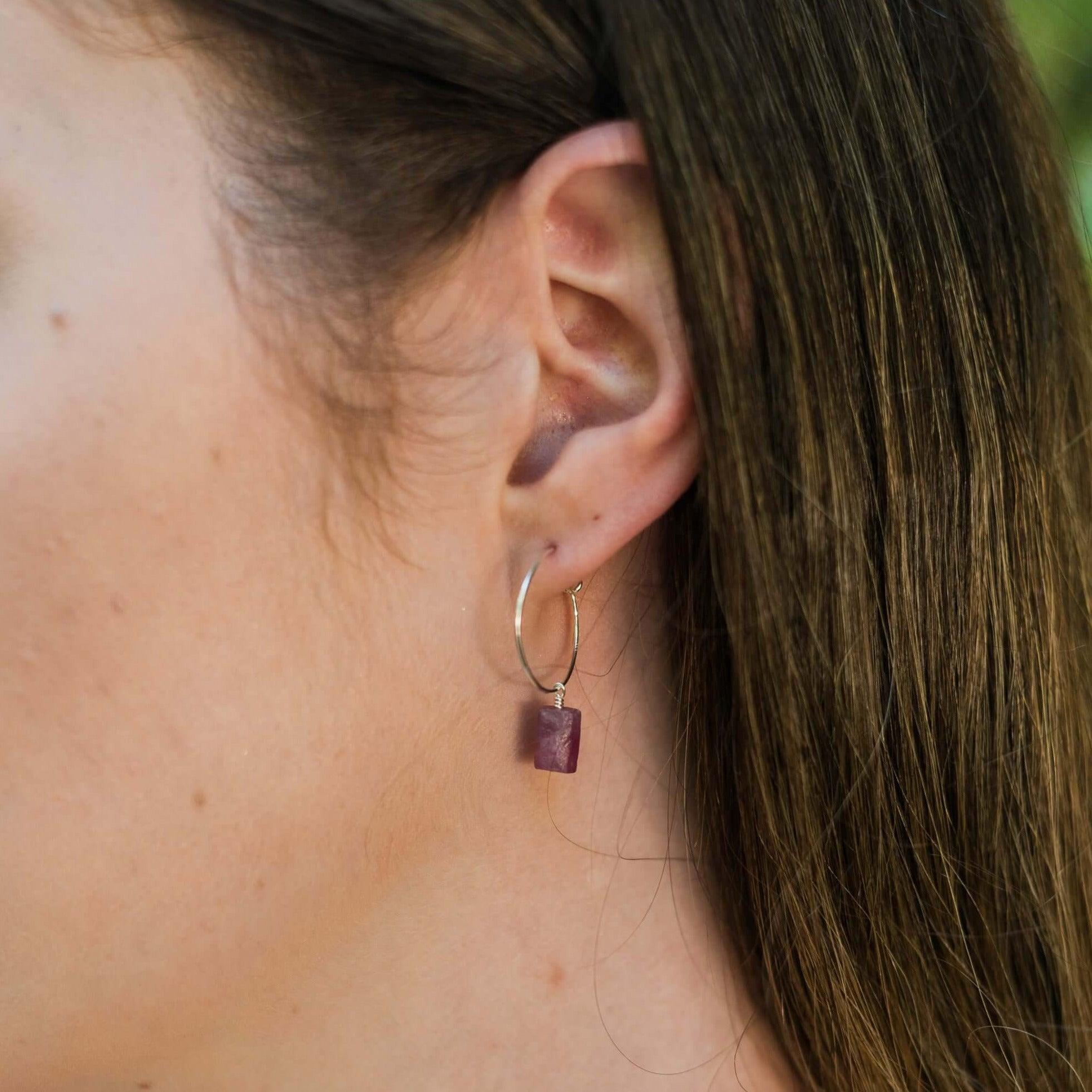 Raw Earth Red Ruby Gemstone Dangle Hoop Earrings - Raw Earth Red Ruby Gemstone Dangle Hoop Earrings - Sterling Silver - Luna Tide Handmade Crystal Jewellery